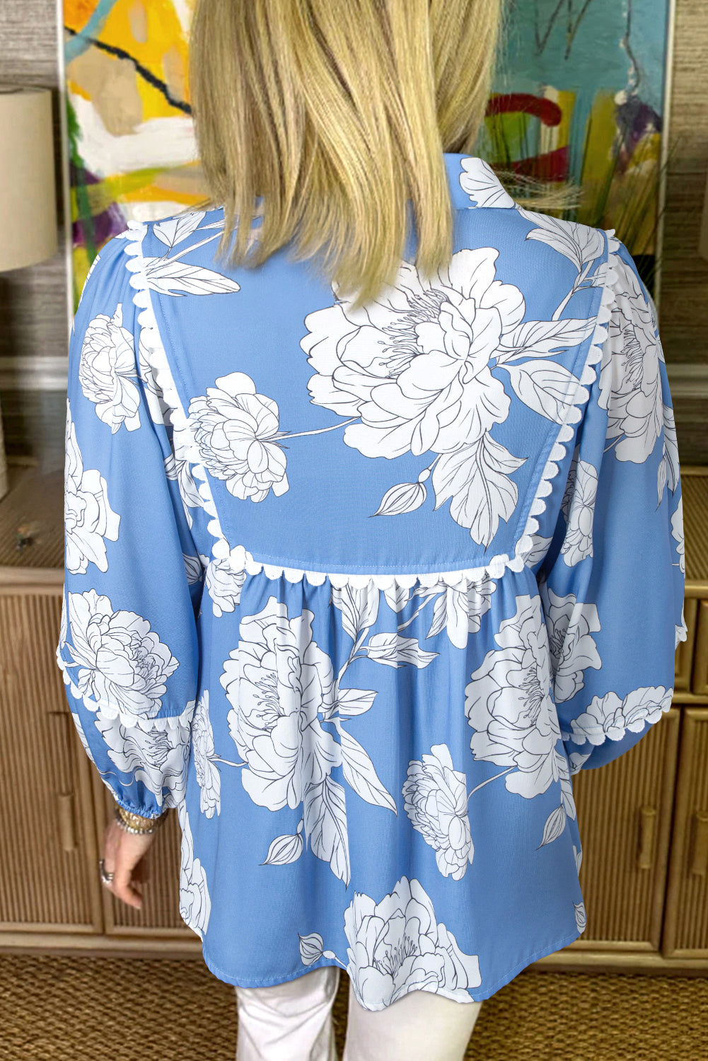 Sky Blue Floral Ricrac Trim Collared Puff Sleeve Loose Blouse-Tops/Blouses & Shirts-[Adult]-[Female]-2022 Online Blue Zone Planet