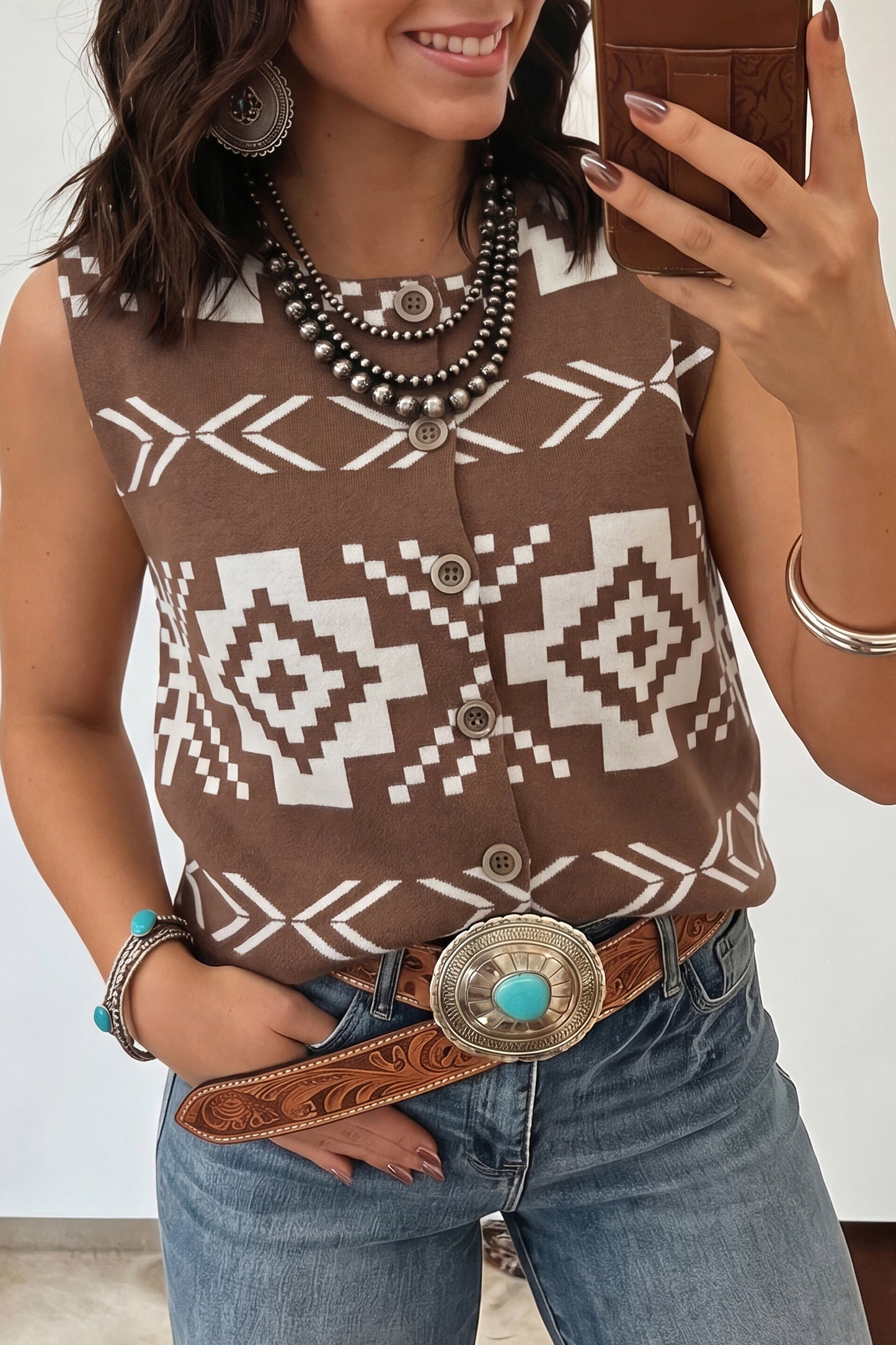 Brown Southwestern Aztec Button Square Neck Sweater Vest-Sweaters & Cardigans/Sweater Vests-[Adult]-[Female]-2022 Online Blue Zone Planet
