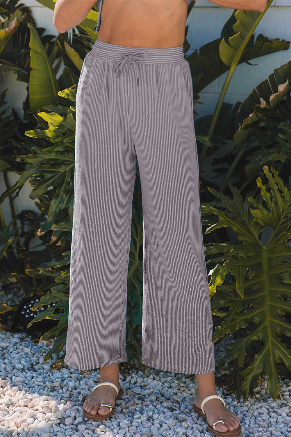 Blue Zone Planet | Wild Wind Solid Corded Knit Short Sleeve T Shirt And Wide Leg Pants Set-Two Piece Sets/Pant Sets-[Adult]-[Female]-2022 Online Blue Zone Planet