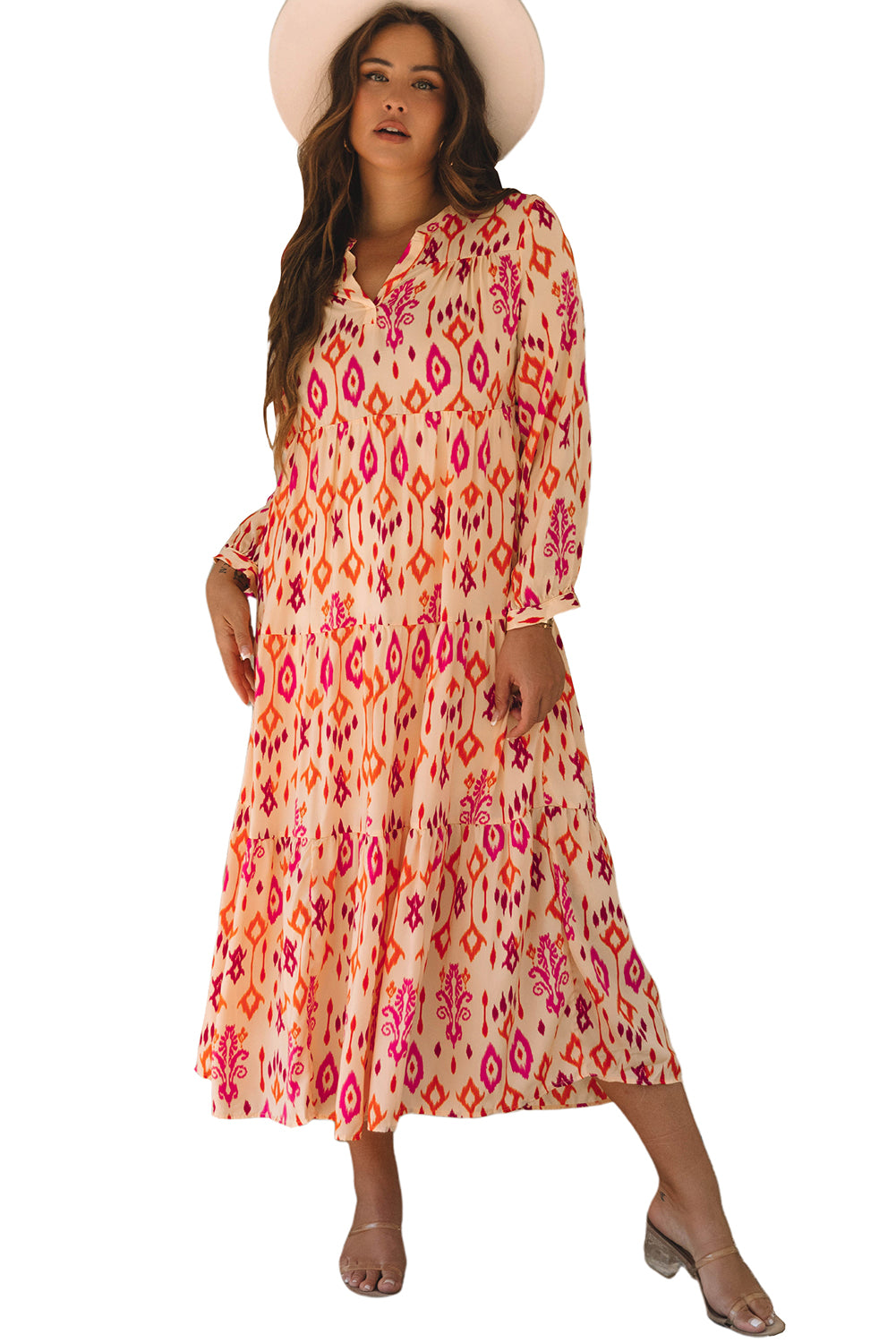 Blue Zone Planet | Orange Western Abstract Geometric Printed Maxi Dress-TOPS / DRESSES-[Adult]-[Female]-2022 Online Blue Zone Planet