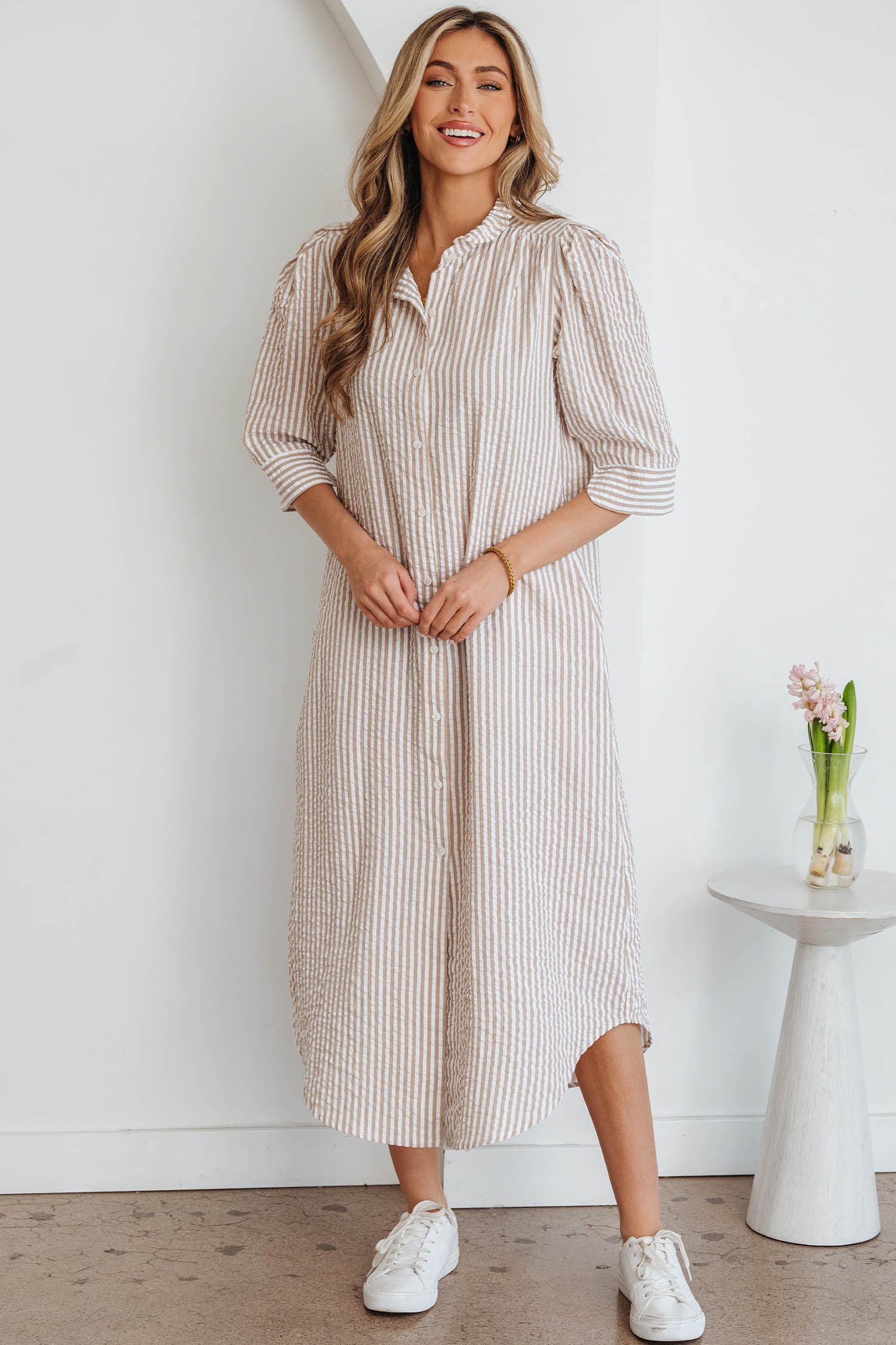Khaki Stripe Frilled Collar Half Sleeve Shirt Maxi Dress-TOPS / DRESSES-[Adult]-[Female]-2022 Online Blue Zone Planet