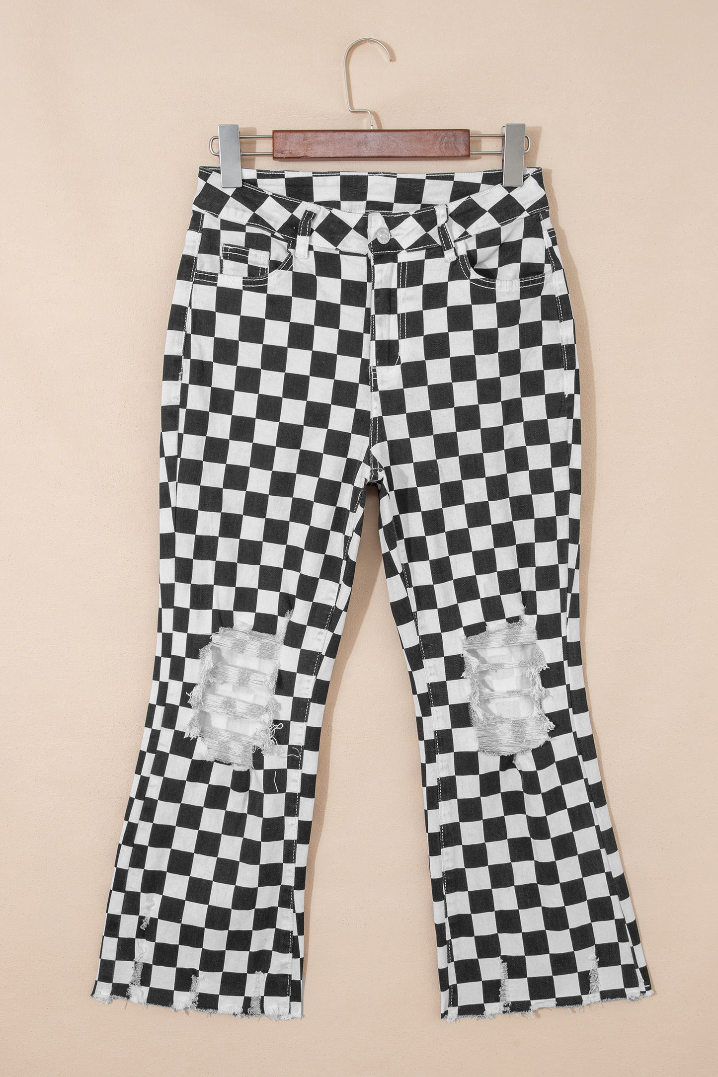 Black Checkerboard Print Distressed Holes Raw Edge Cropped Jeans-Bottoms/Jeans-[Adult]-[Female]-2022 Online Blue Zone Planet