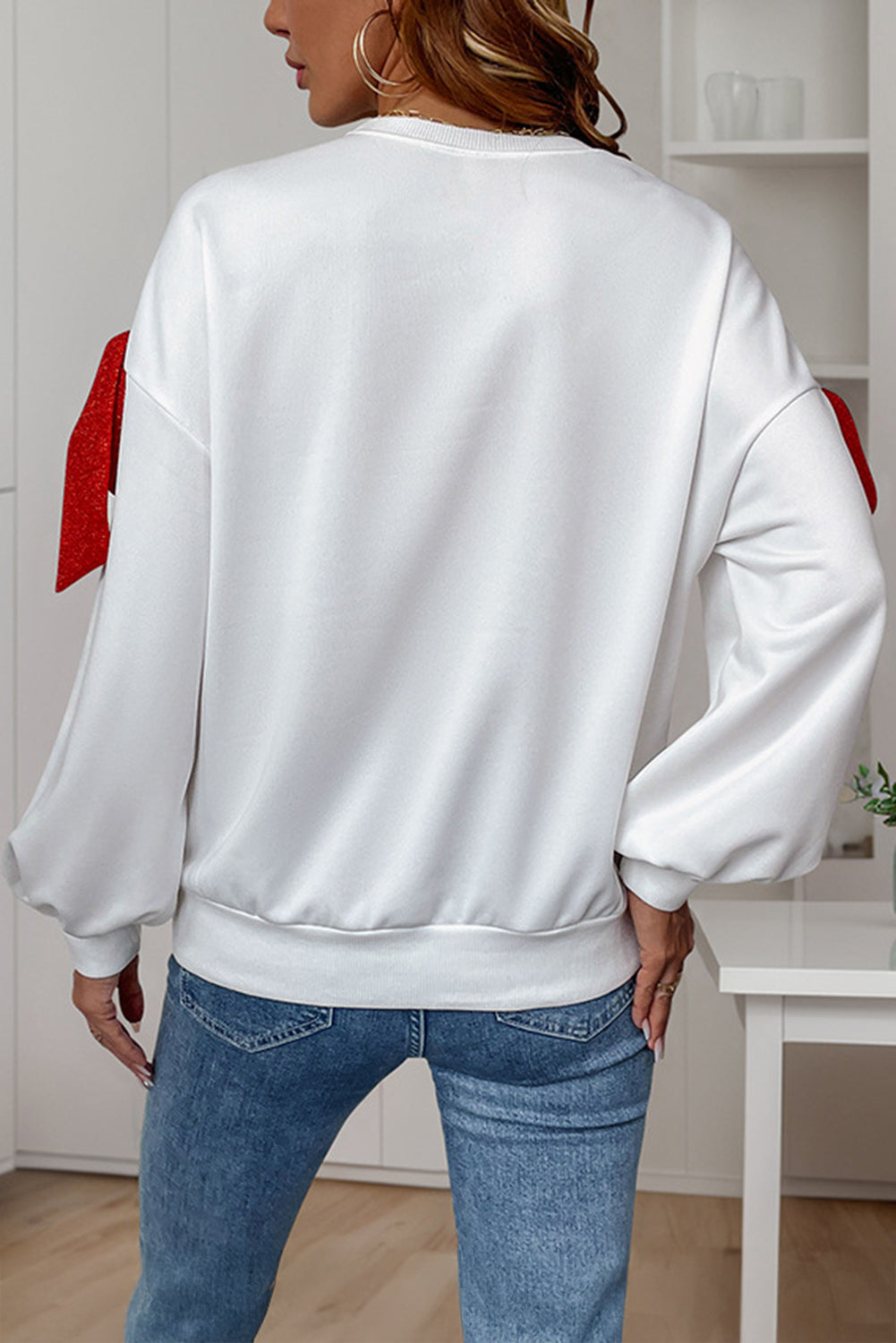 White Bow Knot Long Sleeve Crewneck Casual Sweatshirt-Sweatshirts & Hoodies-[Adult]-[Female]-2022 Online Blue Zone Planet