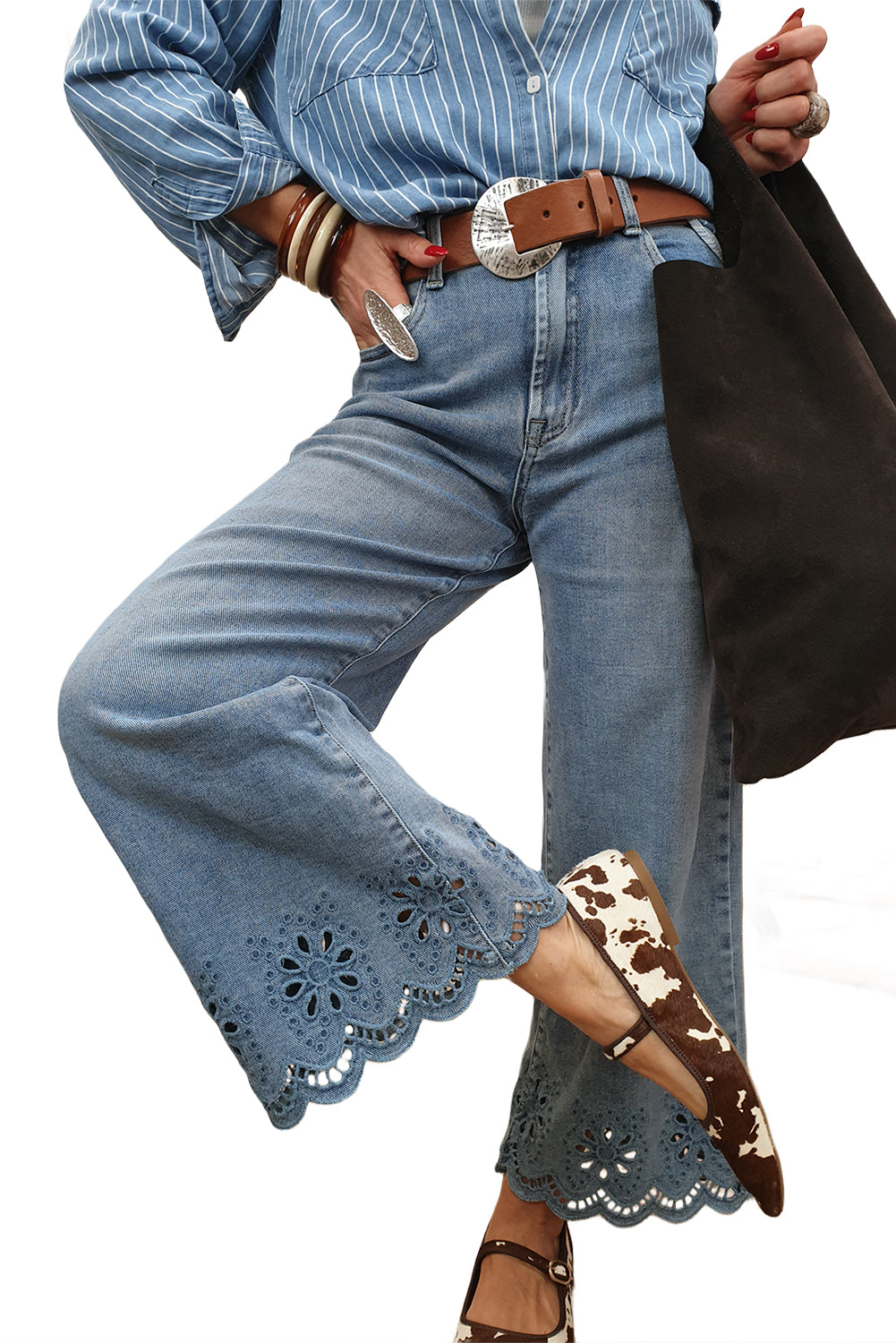 Dusk Blue Embroidered Cropped Wide Leg High Waist Jeans-Bottoms/Jeans-[Adult]-[Female]-2022 Online Blue Zone Planet
