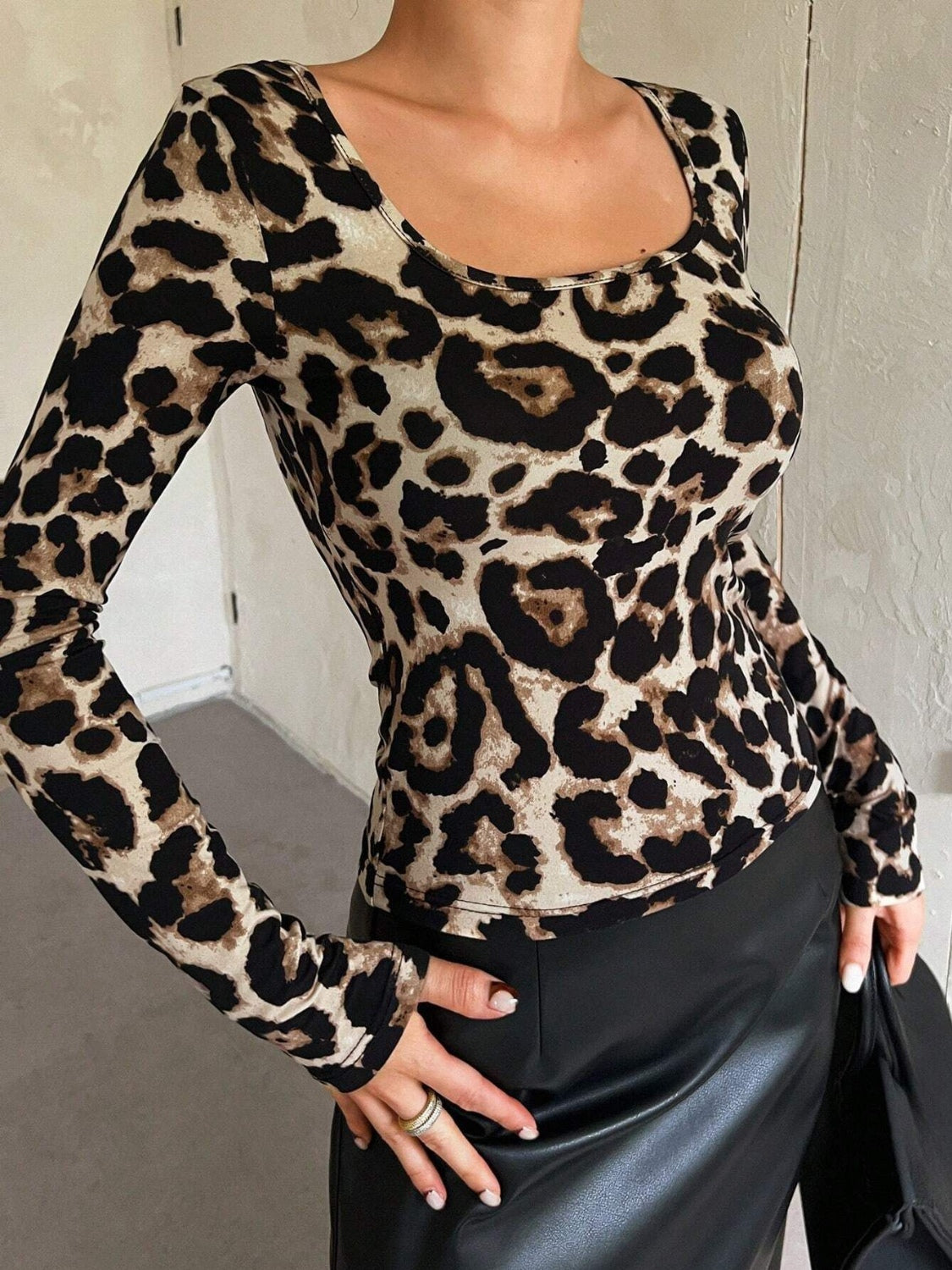 Leopard Scoop Neck Long Sleeve T-Shirt-TOPS / DRESSES-[Adult]-[Female]-2022 Online Blue Zone Planet