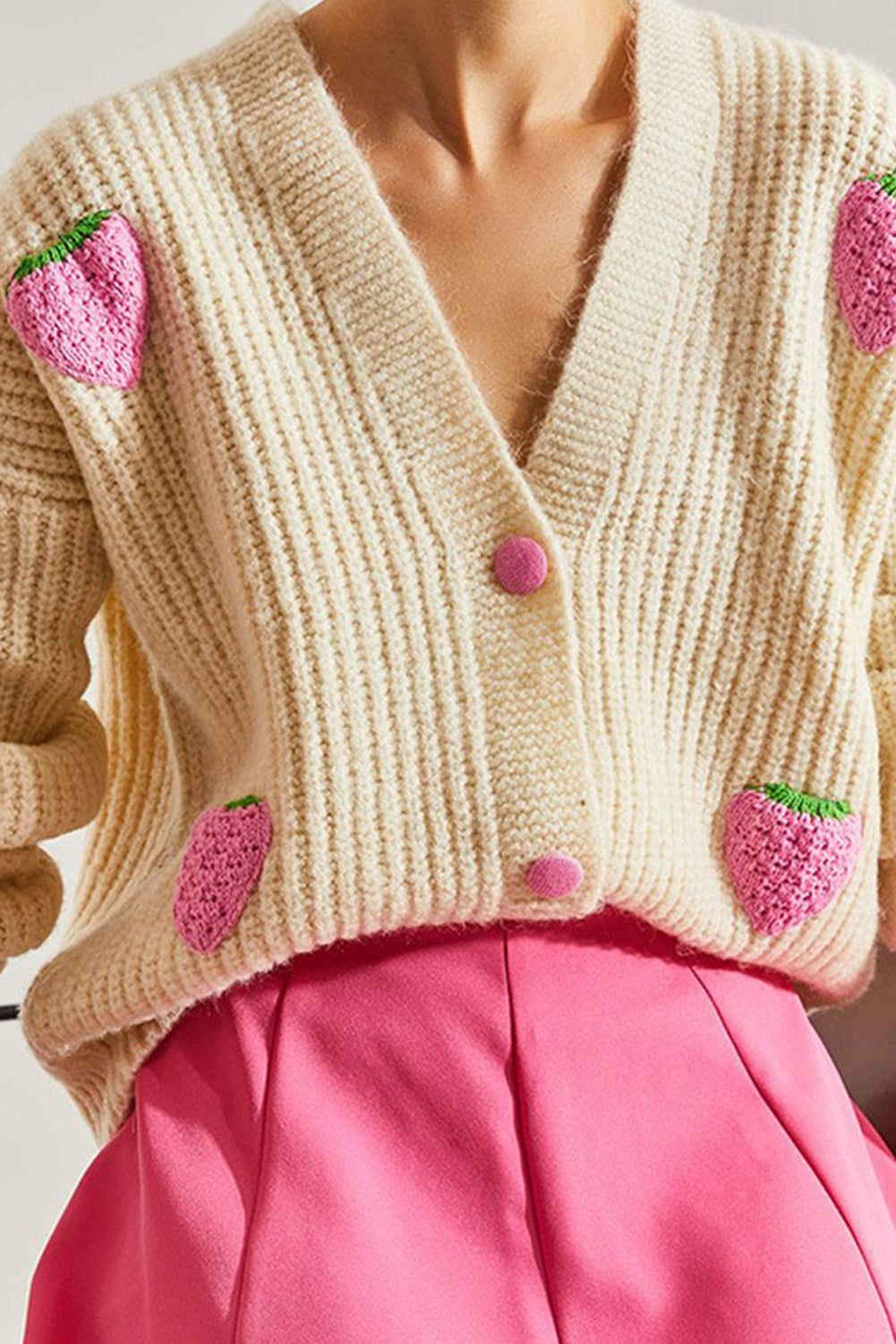 Beige Strawberry V Neck Knit Cardigan-Cardigans-[Adult]-[Female]-2022 Online Blue Zone Planet