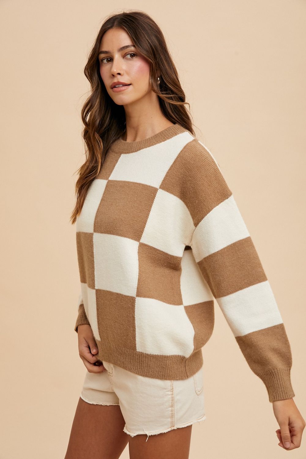 Annie Wear Checkered Round Neck Dropped Shoulder Sweater-TOPS / DRESSES-[Adult]-[Female]-2022 Online Blue Zone Planet