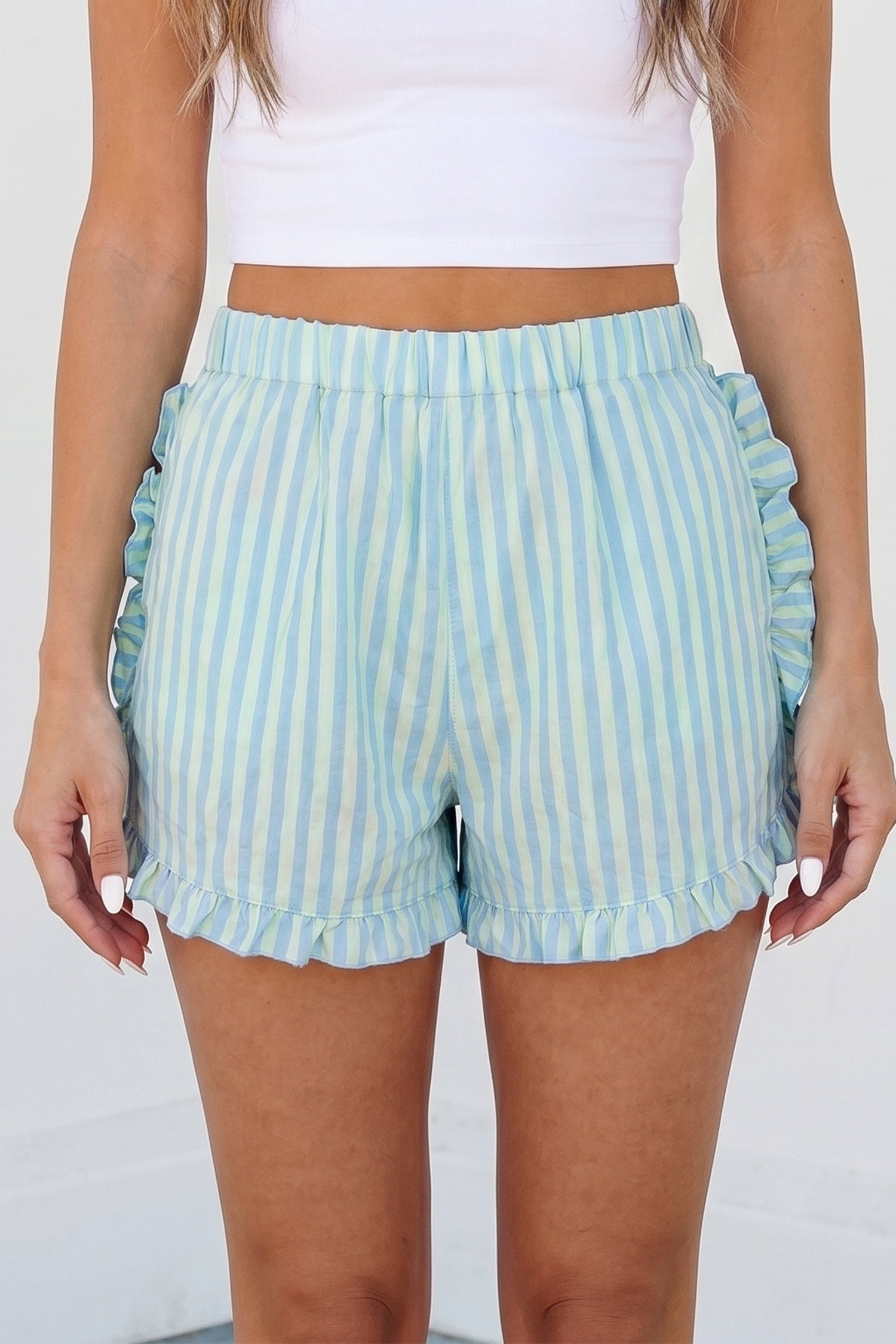 Sky Blue Stripe Elastic Waist Ruffle Trim Casual Shorts-Bottoms/Casual Shorts-[Adult]-[Female]-Sky Blue Stripe-S-2022 Online Blue Zone Planet