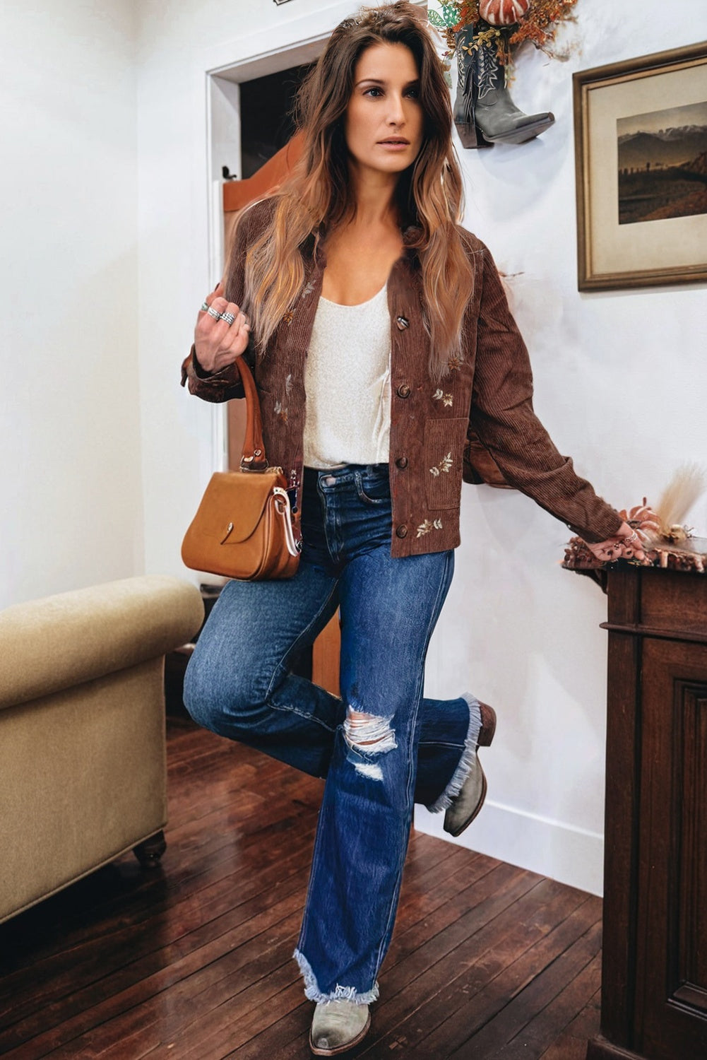 Coffee Floral Embroidered Collar Button Front Corduroy Jacket With Pocket-Outerwear/Jackets-[Adult]-[Female]-2022 Online Blue Zone Planet