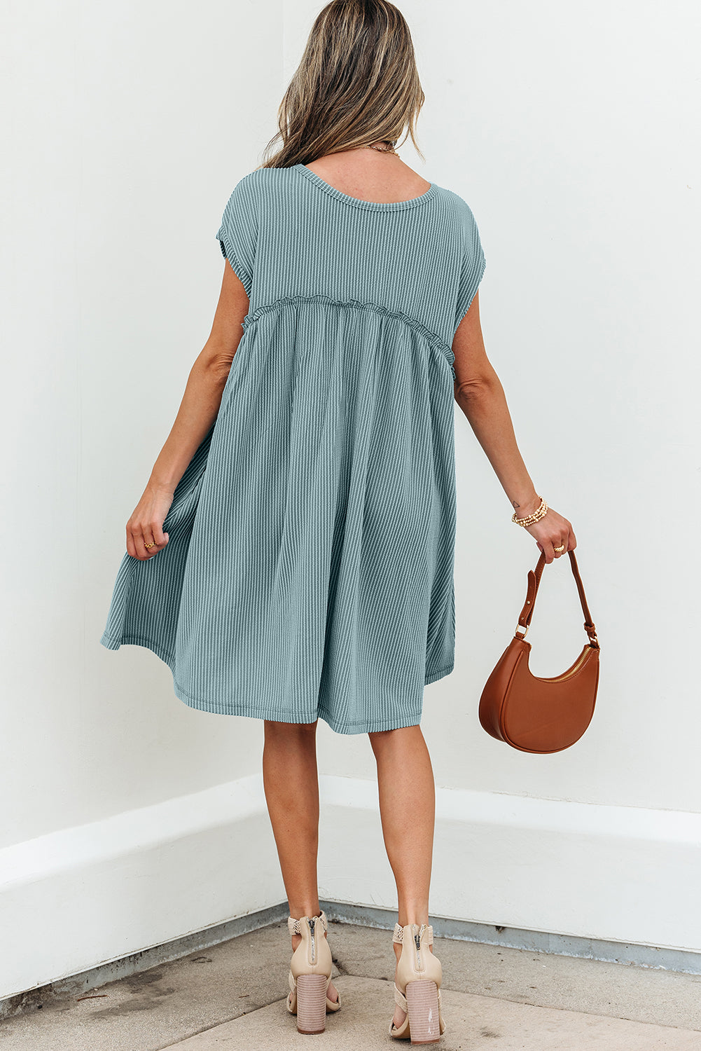 Canton Corded Knit Textured Patched Pocket Frilled Swing Mini Dress with Pockets-TOPS / DRESSES-[Adult]-[Female]-2022 Online Blue Zone Planet