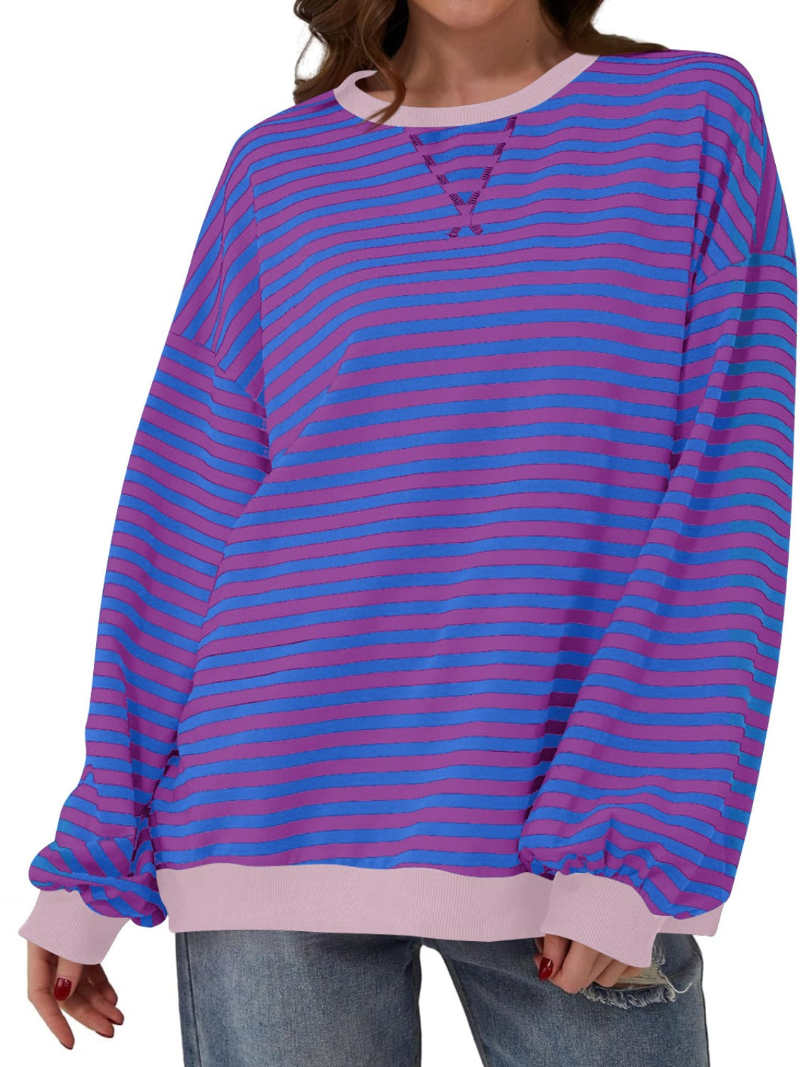 Blue Zone Planet | Lovelet Contrast Striped Long Sleeve Sweatshirt-TOPS / DRESSES-[Adult]-[Female]-2022 Online Blue Zone Planet