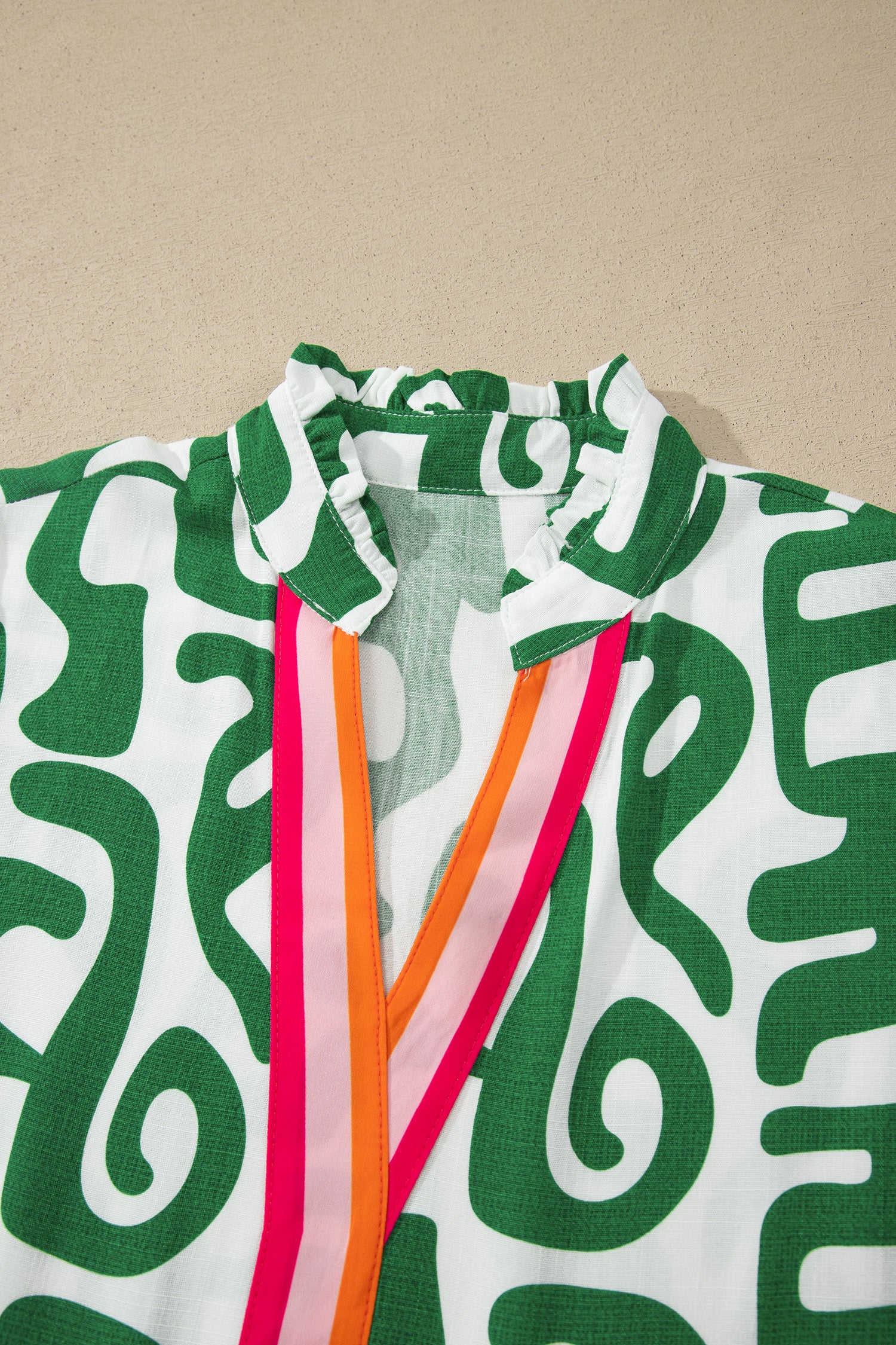 Green Abstract Print Striped Trim V Neck Short Sleeve Blouse-Tops/Blouses & Shirts-[Adult]-[Female]-2022 Online Blue Zone Planet