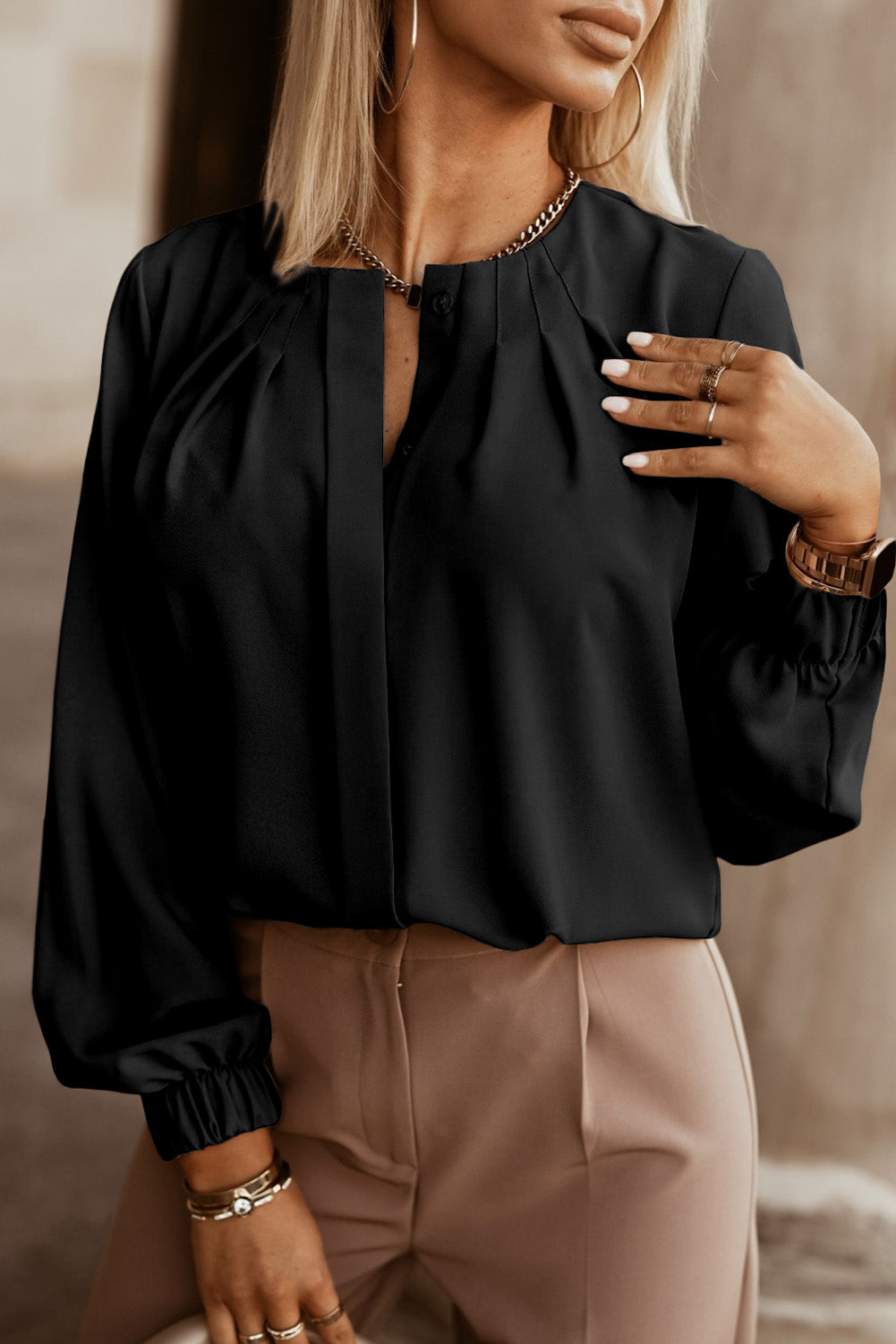 Khaki Crew Neck Gathered Stretch Cuff Shirt-Tops/Blouses & Shirts-[Adult]-[Female]-Black-XS-2022 Online Blue Zone Planet
