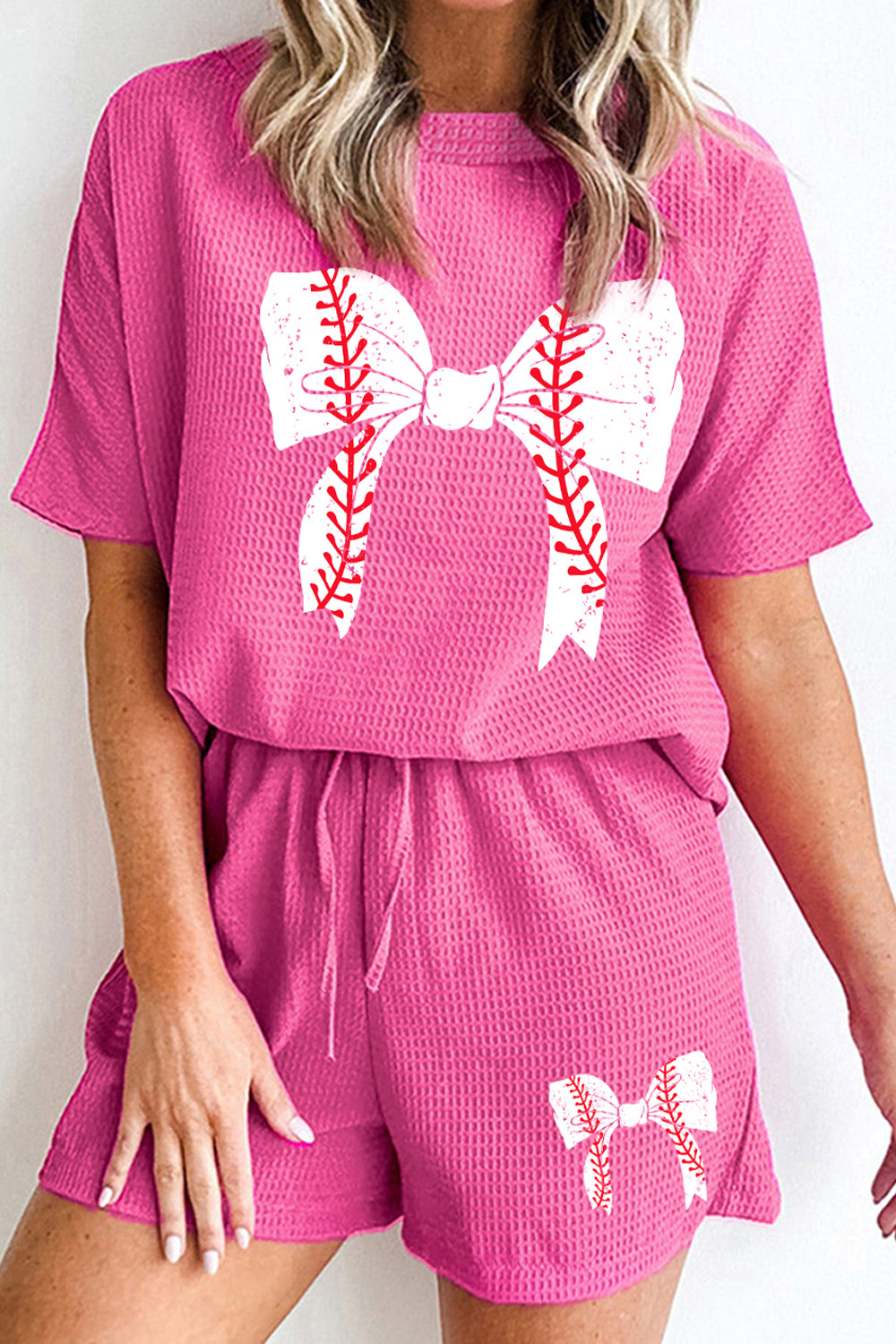 Waffle-Knit Bow Round Neck Top and Shorts Set-TOPS / DRESSES-[Adult]-[Female]-Hot Pink-S-2022 Online Blue Zone Planet