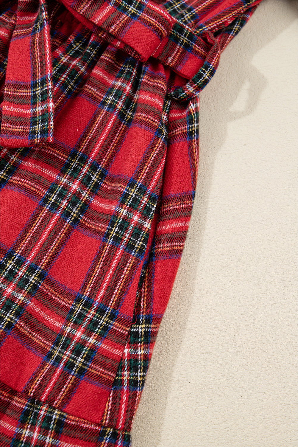 Red Christmas Plaid V Neck 3/4 Sleeve Tie Waist Ruffle Hem Long Dress-TOPS / DRESSES-[Adult]-[Female]-2022 Online Blue Zone Planet