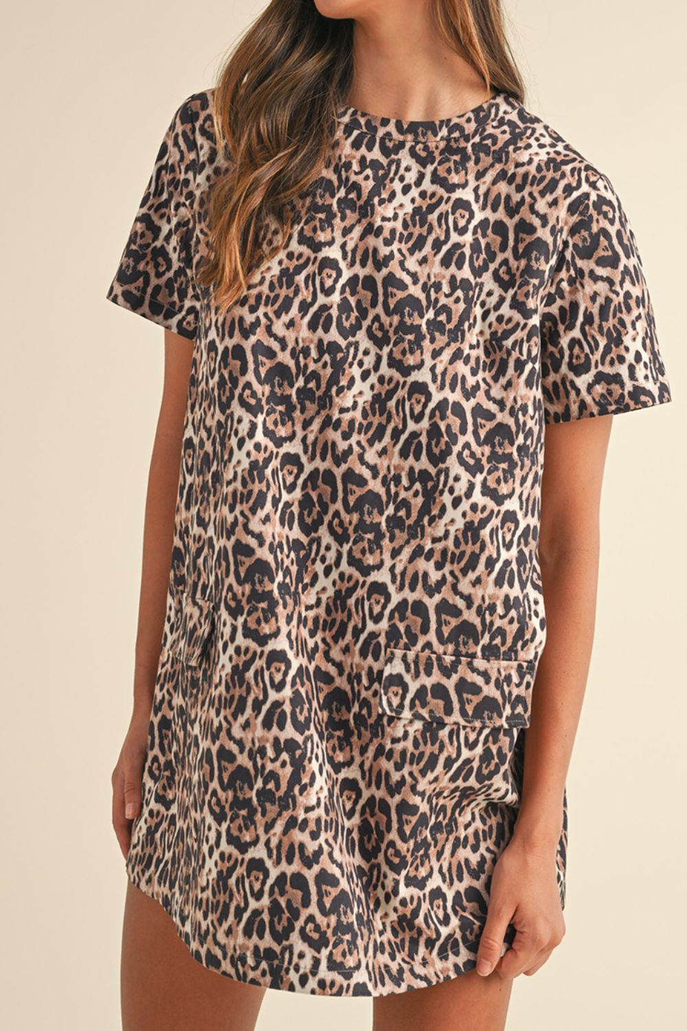 Leopard Round Neck Short Sleeve Mini Dress-TOPS / DRESSES-[Adult]-[Female]-2022 Online Blue Zone Planet