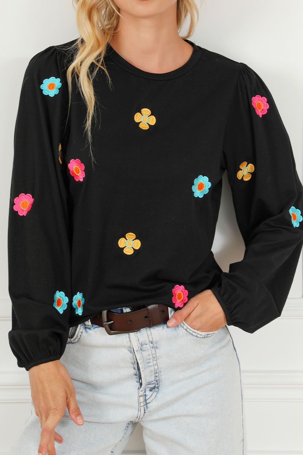 Flower Round Neck Long Sleeve Sweater-TOPS / DRESSES-[Adult]-[Female]-Black-S-2022 Online Blue Zone Planet