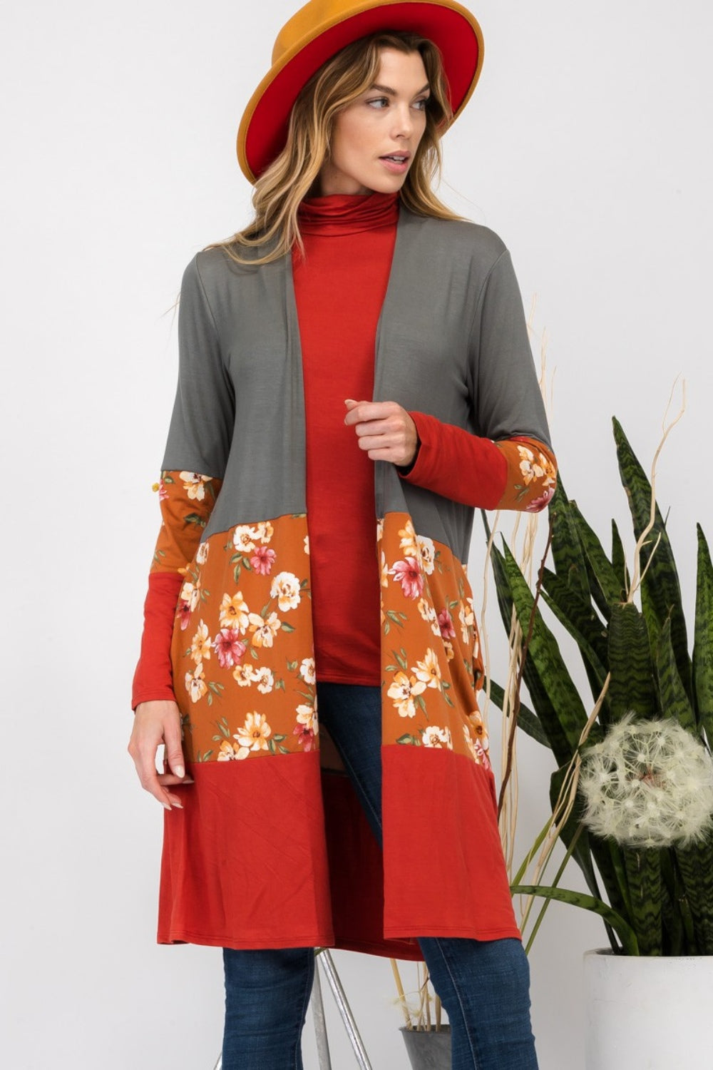 Celeste Full Size Floral Color Block Open Front Cardigan-TOPS / DRESSES-[Adult]-[Female]-2022 Online Blue Zone Planet