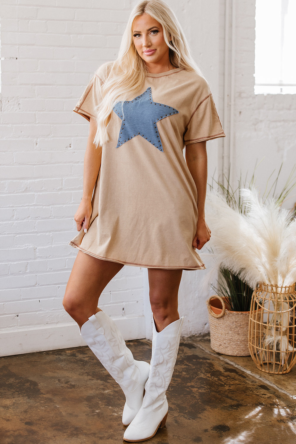 Pale Khaki Mineral Wash Stud Beaded Star Graphic Pocketed T Shirt Dress-TOPS / DRESSES-[Adult]-[Female]-2022 Online Blue Zone Planet