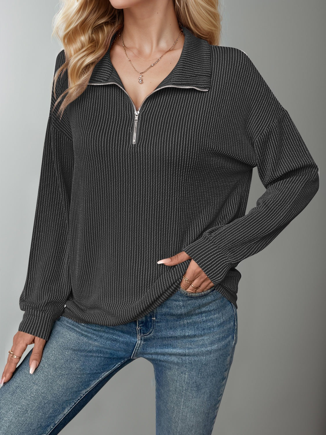 Double Take Striped Half Zip Long Sleeve T-Shirt-TOPS / DRESSES-[Adult]-[Female]-Dark Gray-S-2022 Online Blue Zone Planet