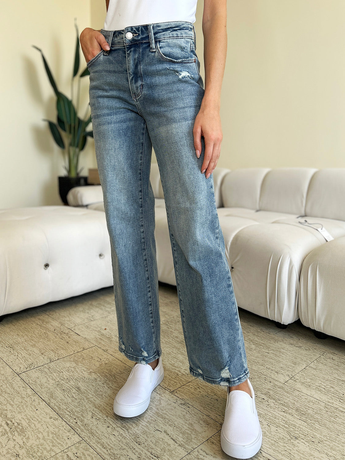 Judy Blue Full Size Mid Rise Distressed Straight Jeans-BOTTOMS SIZES SMALL MEDIUM LARGE-[Adult]-[Female]-2022 Online Blue Zone Planet