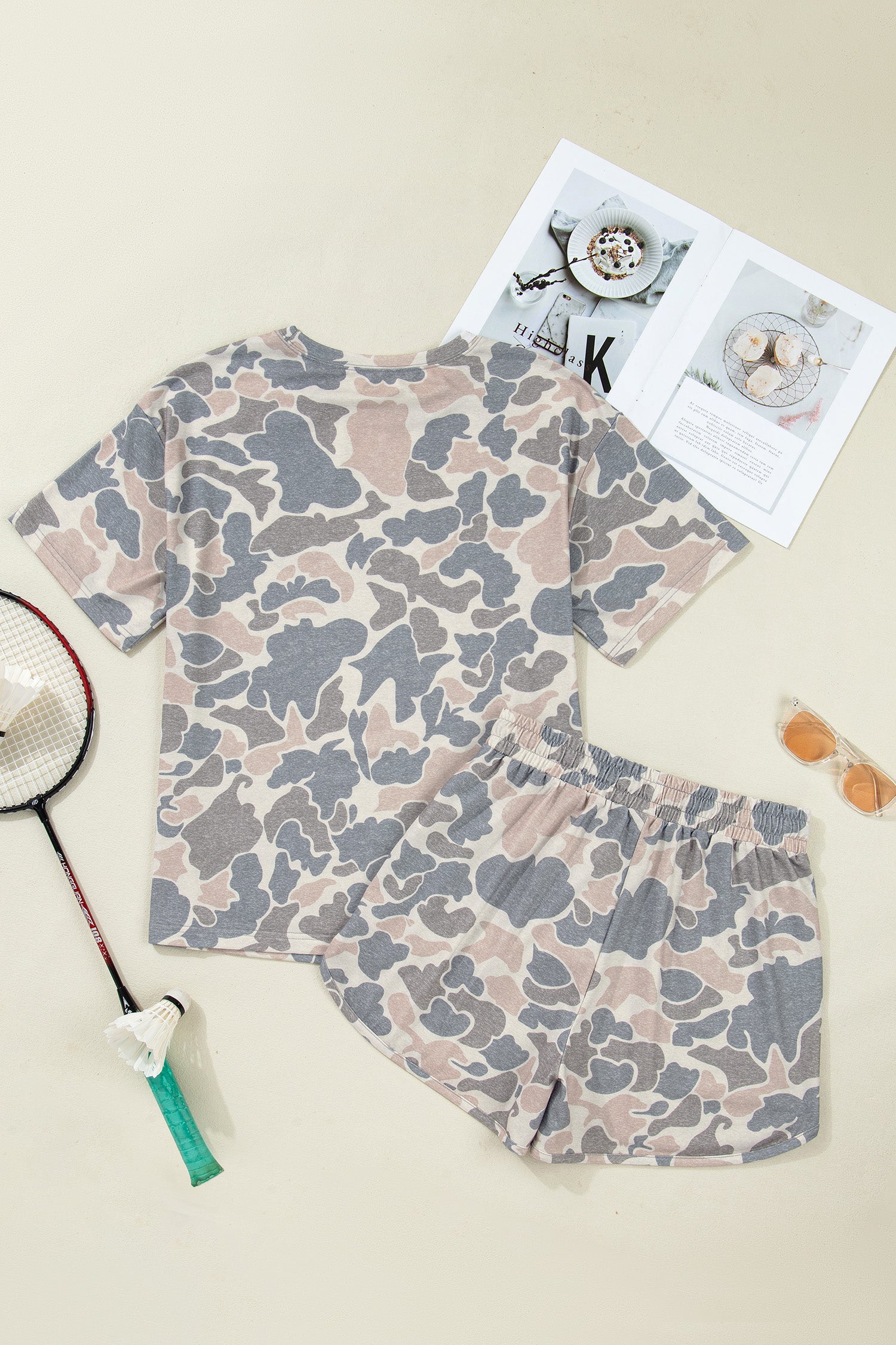 Multicolour Camouflage Loose Tee Drawstring Shorts 2pcs Outfit-Two Piece Sets/Short Sets-[Adult]-[Female]-2022 Online Blue Zone Planet