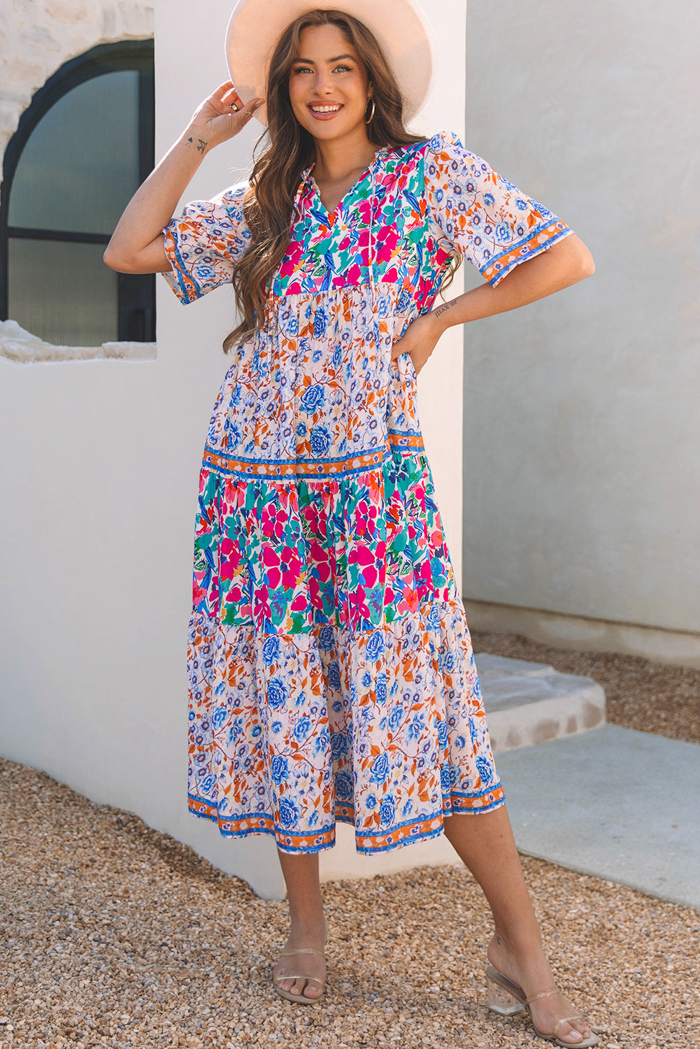 Sky Blue Mixed Floral Print Tie Split Neck Short Sleeve Dress-TOPS / DRESSES-[Adult]-[Female]-2022 Online Blue Zone Planet