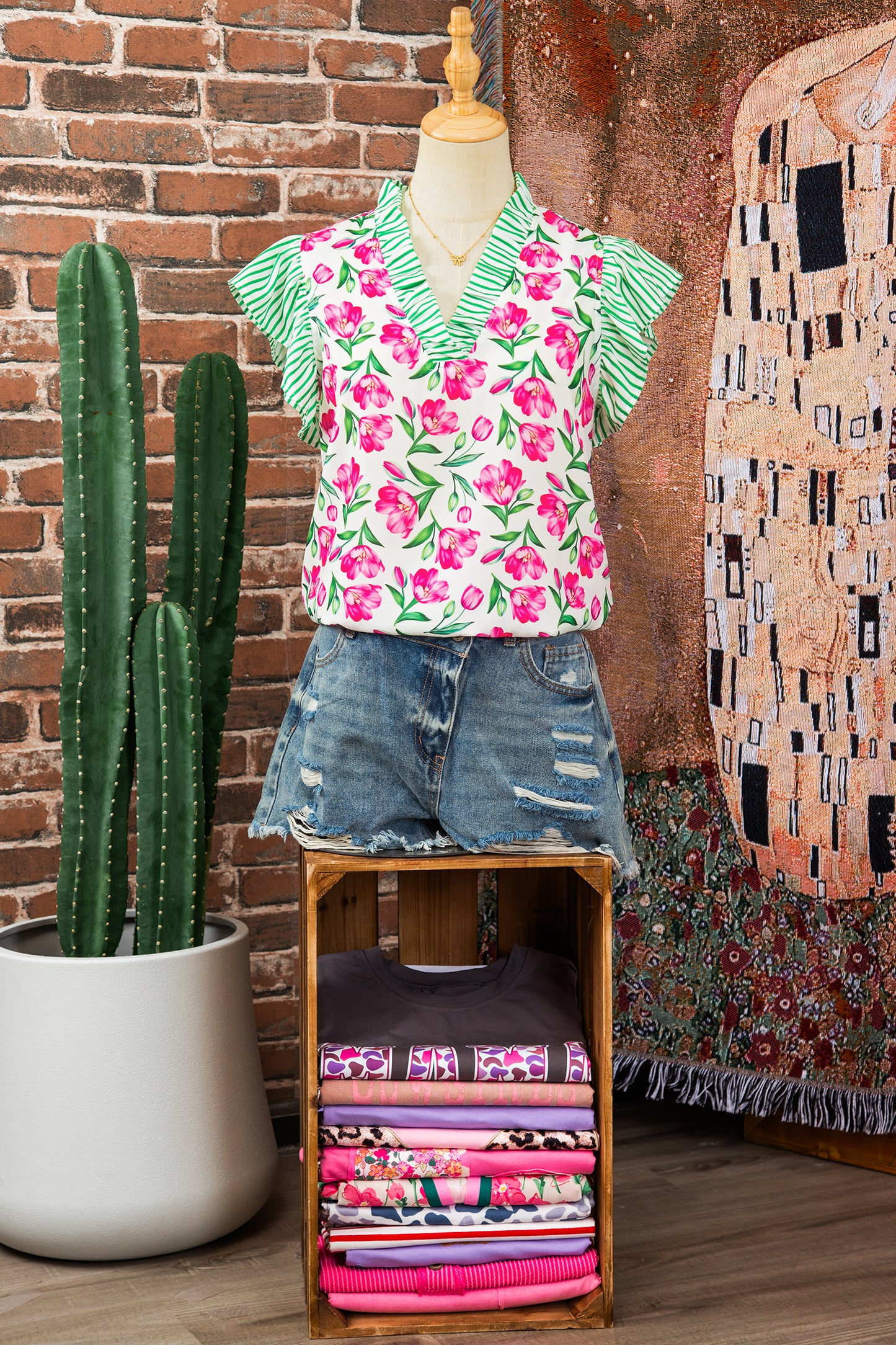 Multicolour Sweet Floral Print Striped Ruffle Trim V Neck Blouse-Tops/Blouses & Shirts-[Adult]-[Female]-2022 Online Blue Zone Planet