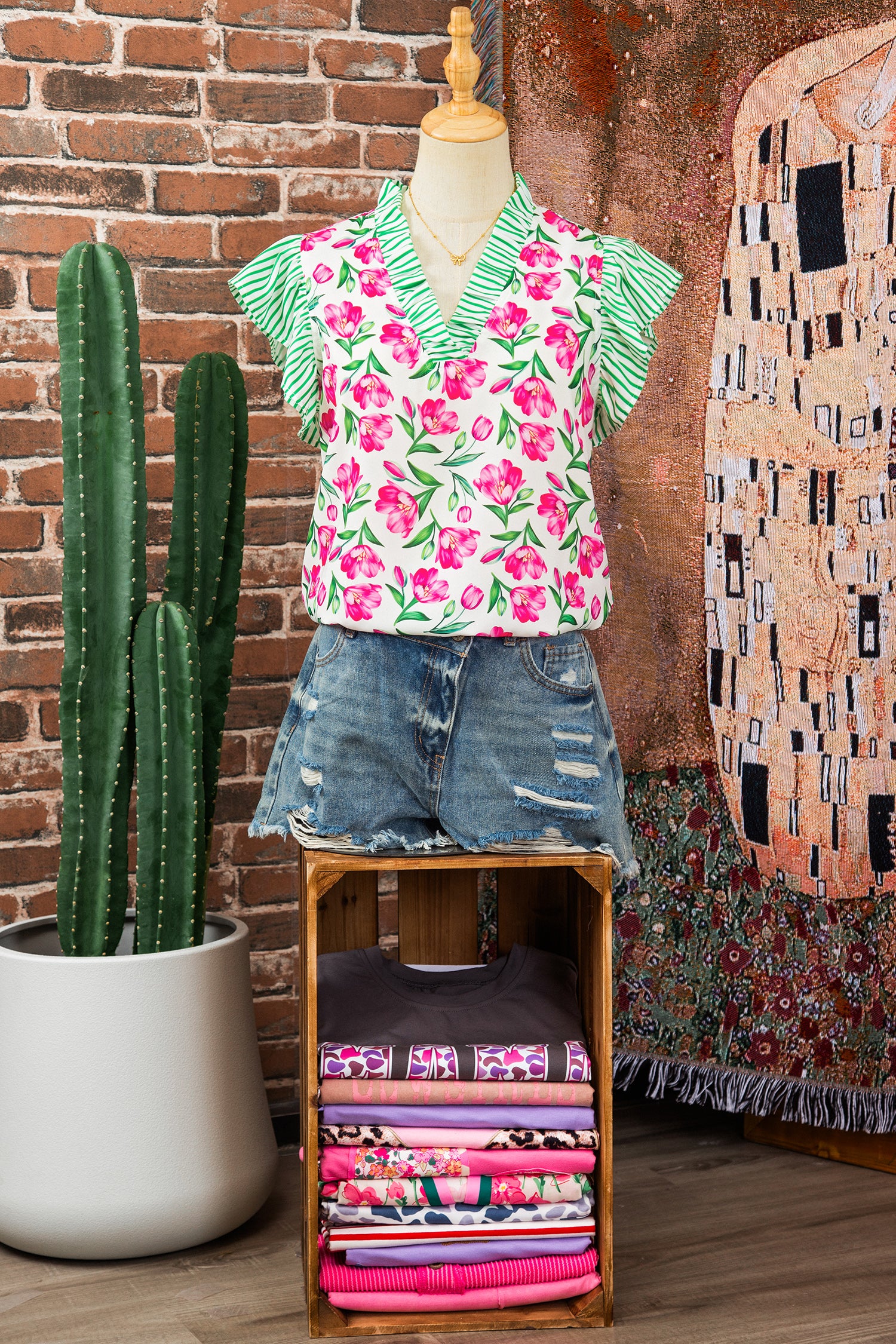Multicolour Sweet Floral Print Striped Ruffle Trim V Neck Blouse-Tops/Blouses & Shirts-[Adult]-[Female]-2022 Online Blue Zone Planet