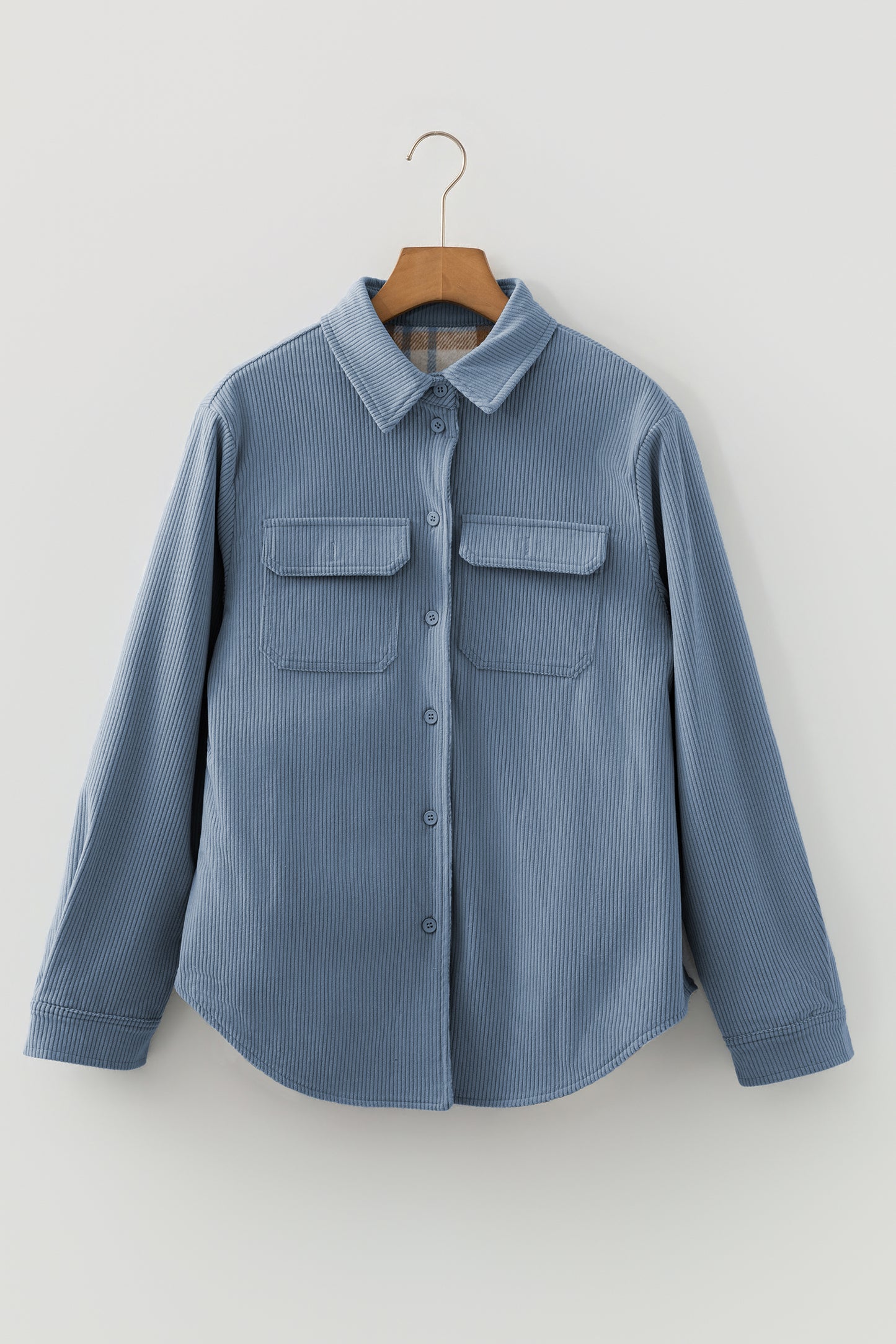 Stone Blue Plaid Corduroy Reversible Button Up Shacket-Outerwear/Plaid Shackets-[Adult]-[Female]-2022 Online Blue Zone Planet