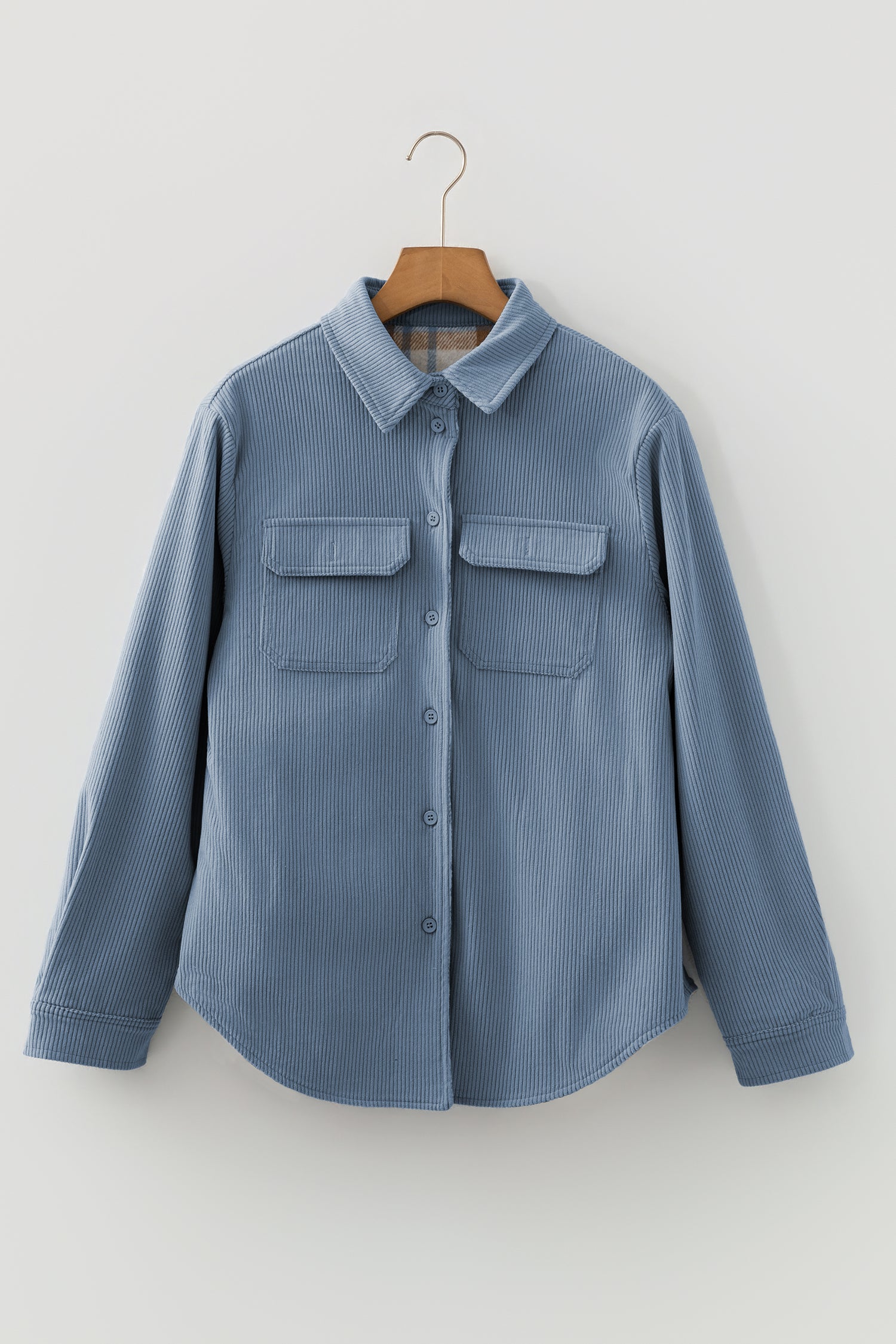 Stone Blue Plaid Corduroy Reversible Button Up Shacket-Outerwear/Plaid Shackets-[Adult]-[Female]-2022 Online Blue Zone Planet