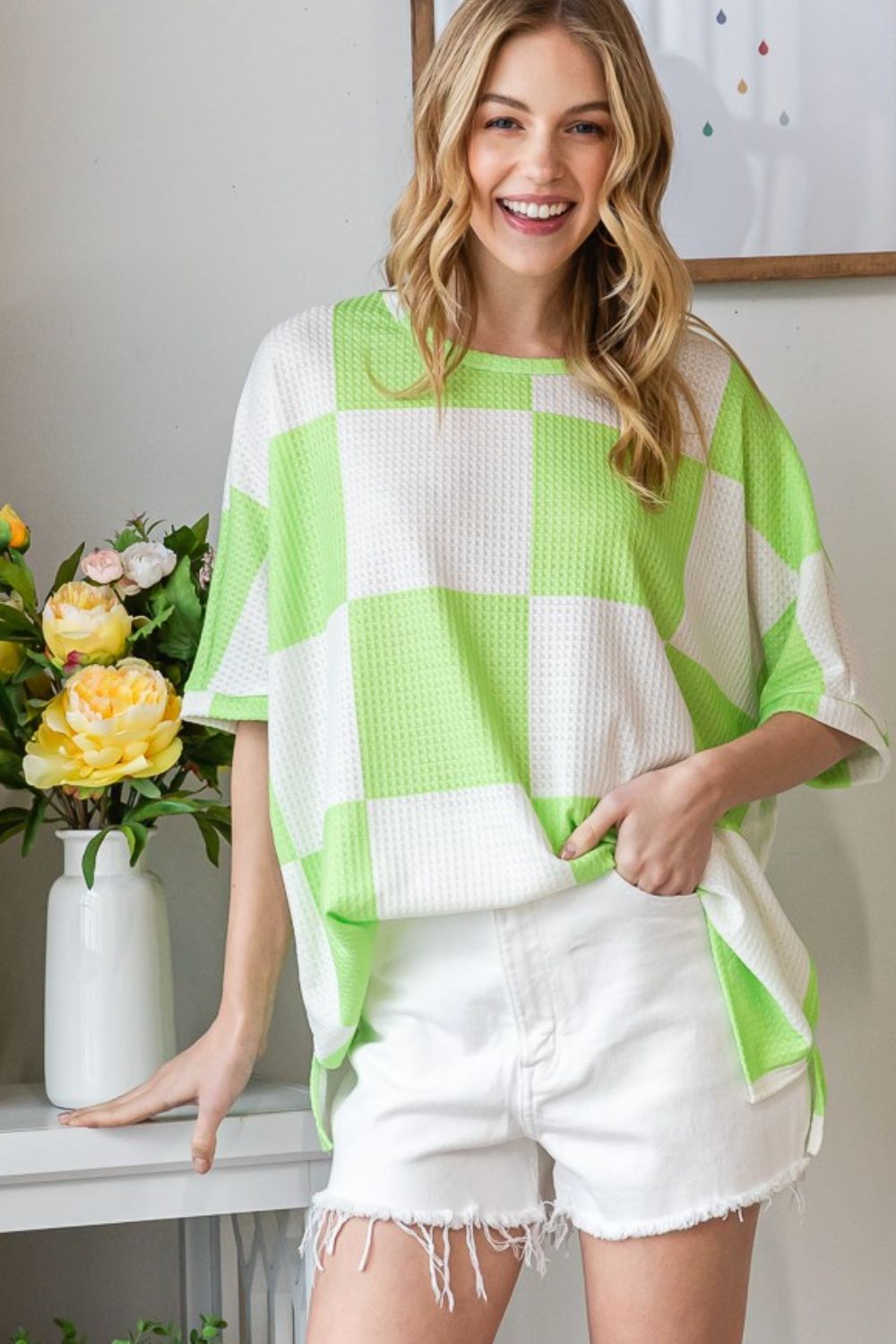 Blue Zone Planet | HOPELY Checkered Waffle Oversized T-Shirt-TOPS / DRESSES-[Adult]-[Female]-Neon Green-S-2022 Online Blue Zone Planet