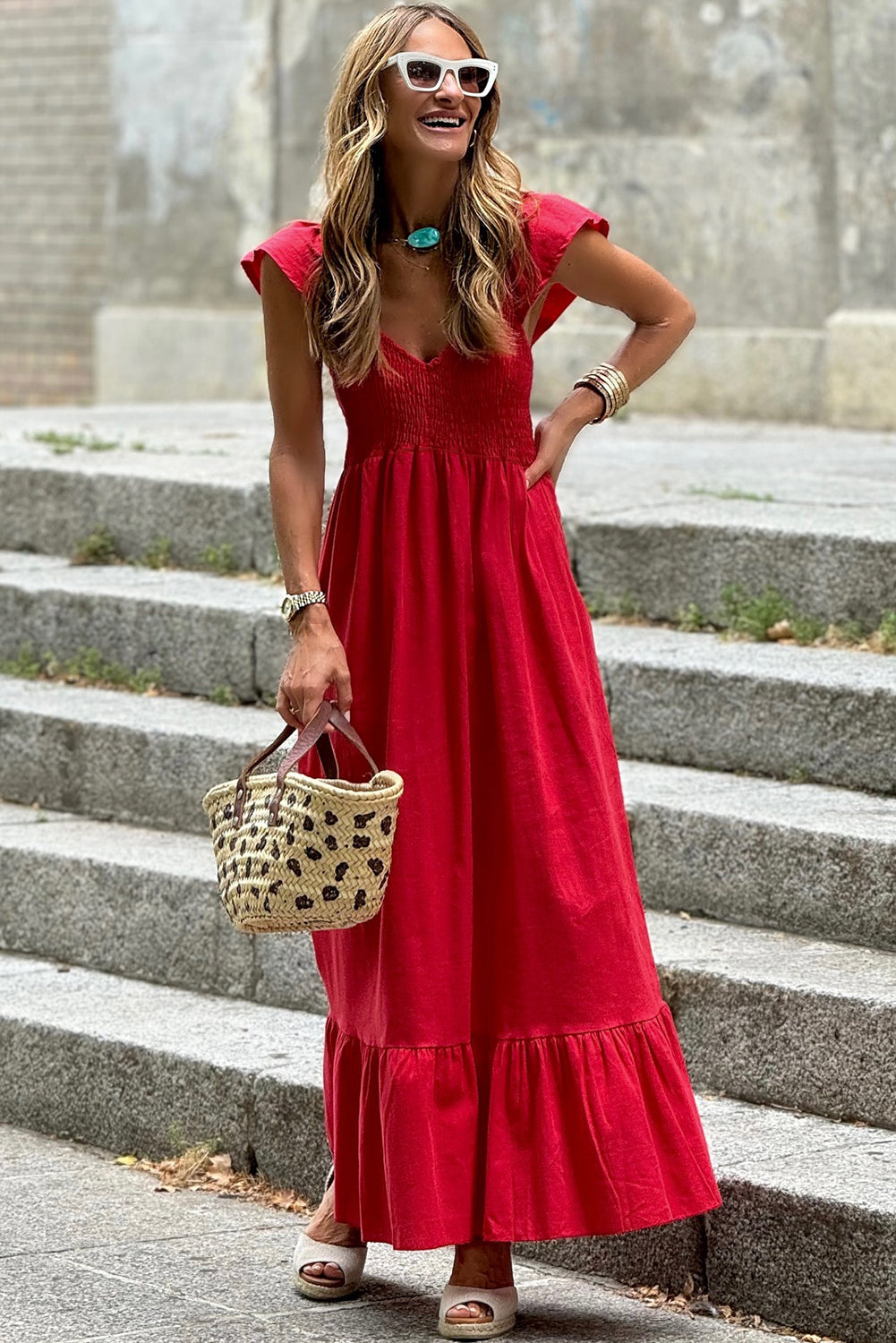 Fiery Red V Neck Flutter Sleeve Smocked Bodice High Waist Ruffle Maxi Dress-TOPS / DRESSES-[Adult]-[Female]-2022 Online Blue Zone Planet