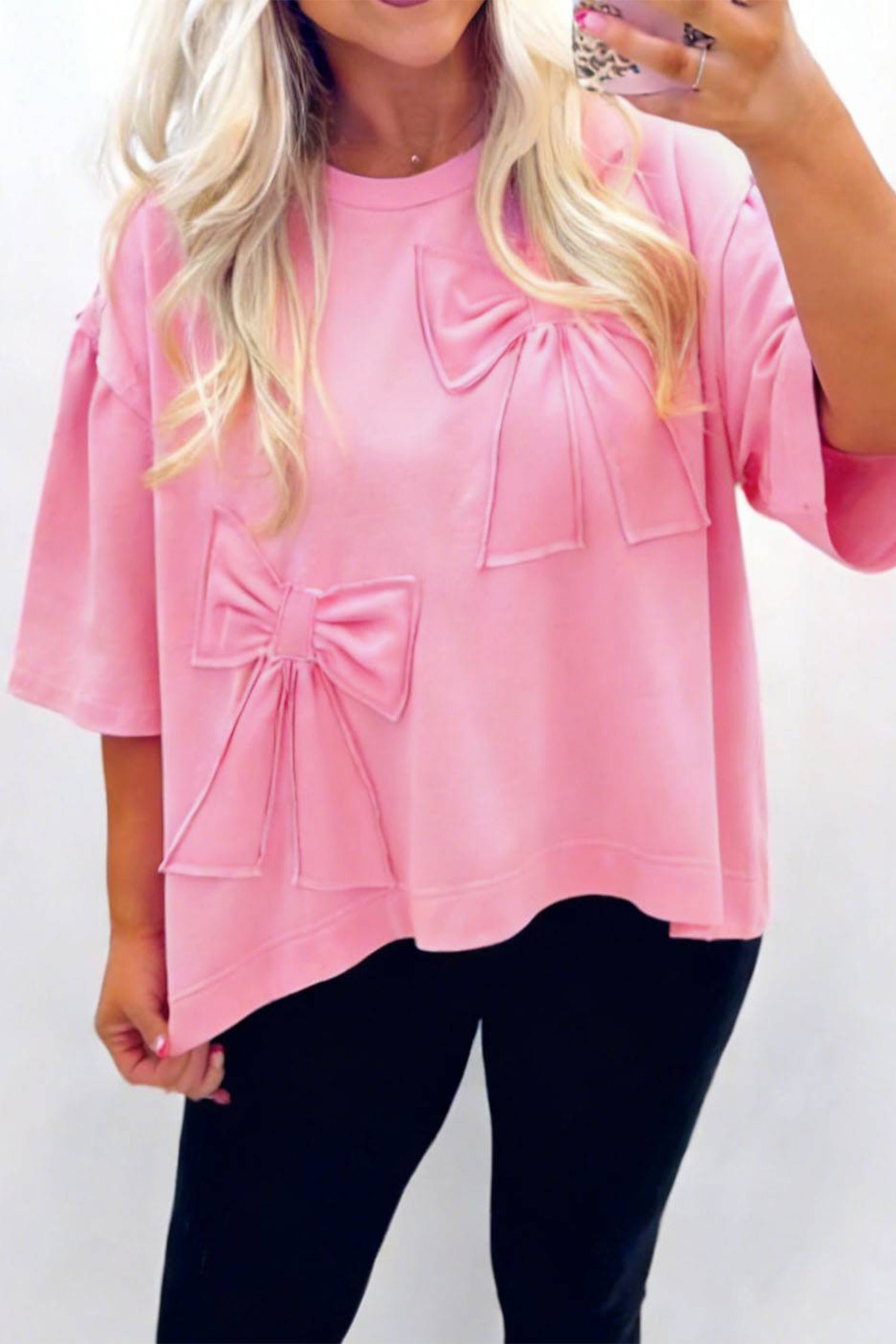Pink Solid Color Raw Edge Bow Patch Loose T Shirt-Tops/Tops & Tees-[Adult]-[Female]-Pink-S-2022 Online Blue Zone Planet
