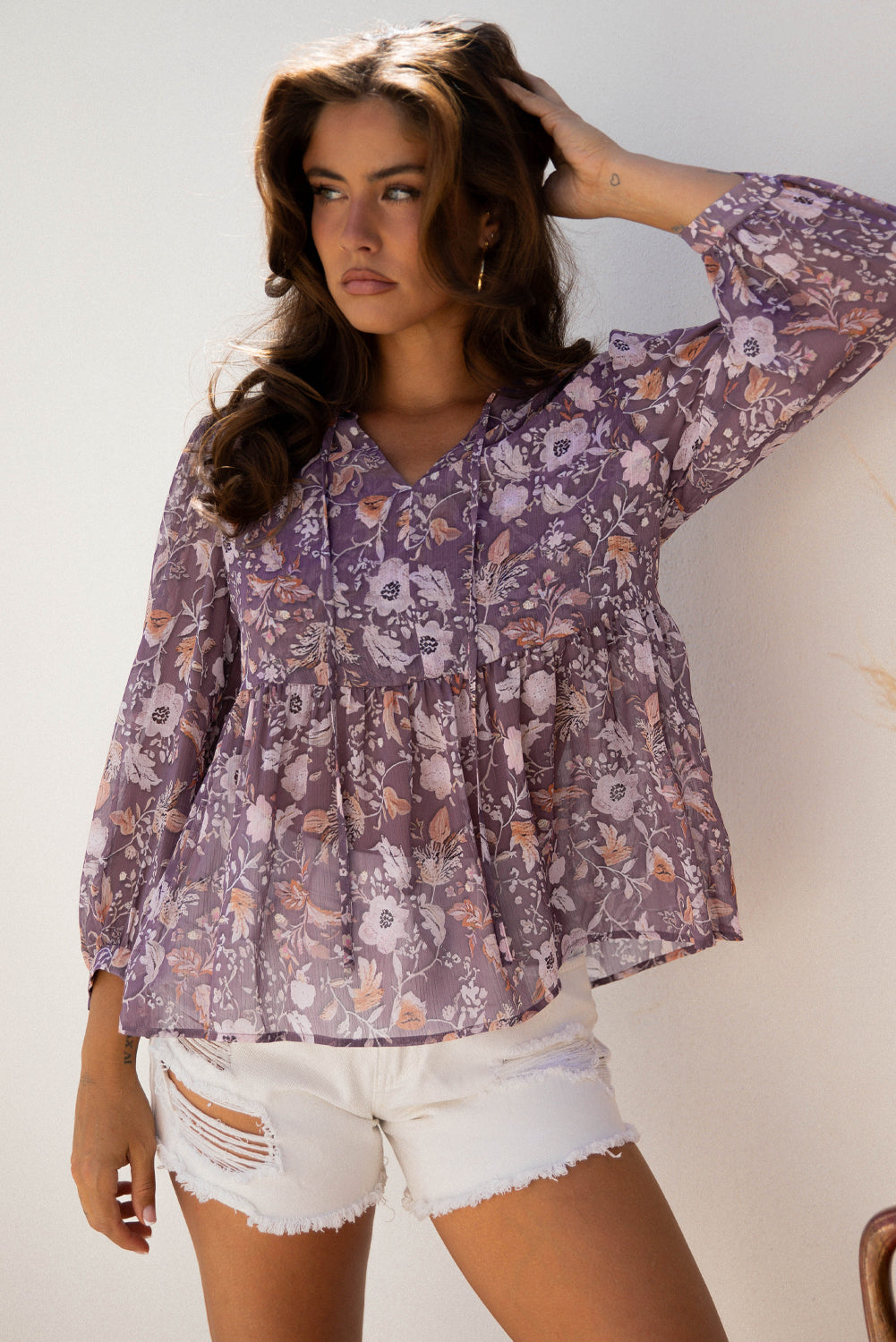 Blue Boho Flower Print 3/4 Sleeve Babydoll Blouse-Tops/Blouses & Shirts-[Adult]-[Female]-2022 Online Blue Zone Planet