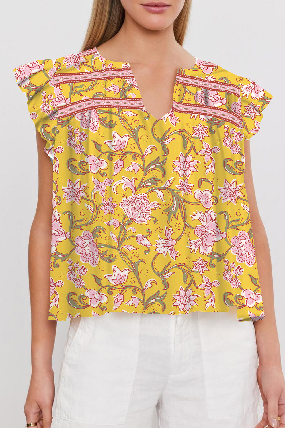 Yellow Floral Notched Neck Ruffled Sleeve Casual Blouse-Tops/Blouses & Shirts-[Adult]-[Female]-Yellow-S-2022 Online Blue Zone Planet