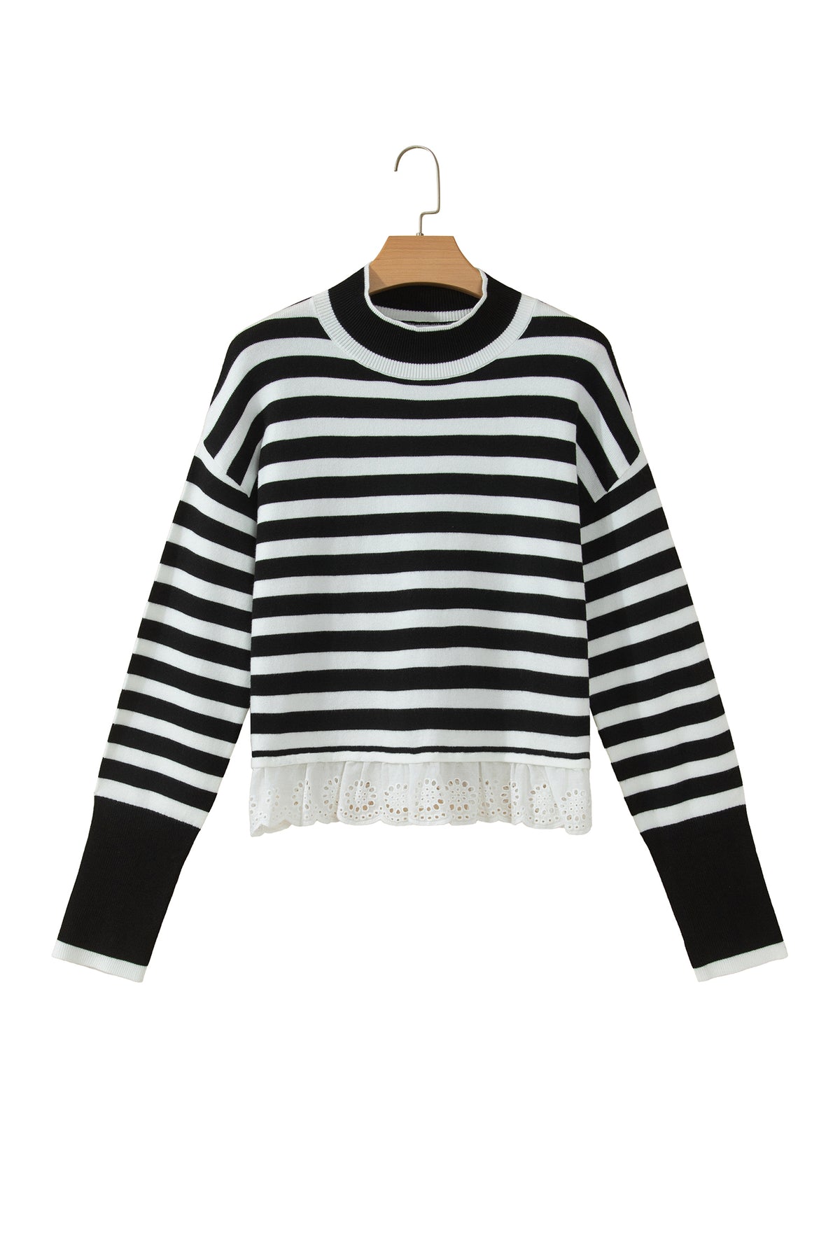 Black Striped High Neck Contrast Ruffle Detail Casual Sweater-Sweaters & Cardigans/Sweaters-[Adult]-[Female]-2022 Online Blue Zone Planet