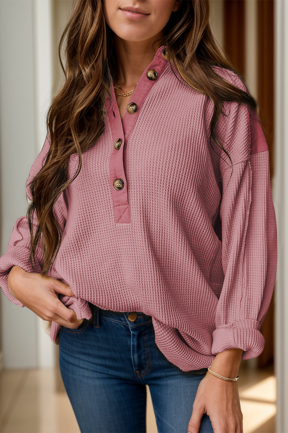 Blue Zone Planet | Half Button Long Sleeve Top-TOPS / DRESSES-[Adult]-[Female]-Dusty Pink-S-2022 Online Blue Zone Planet