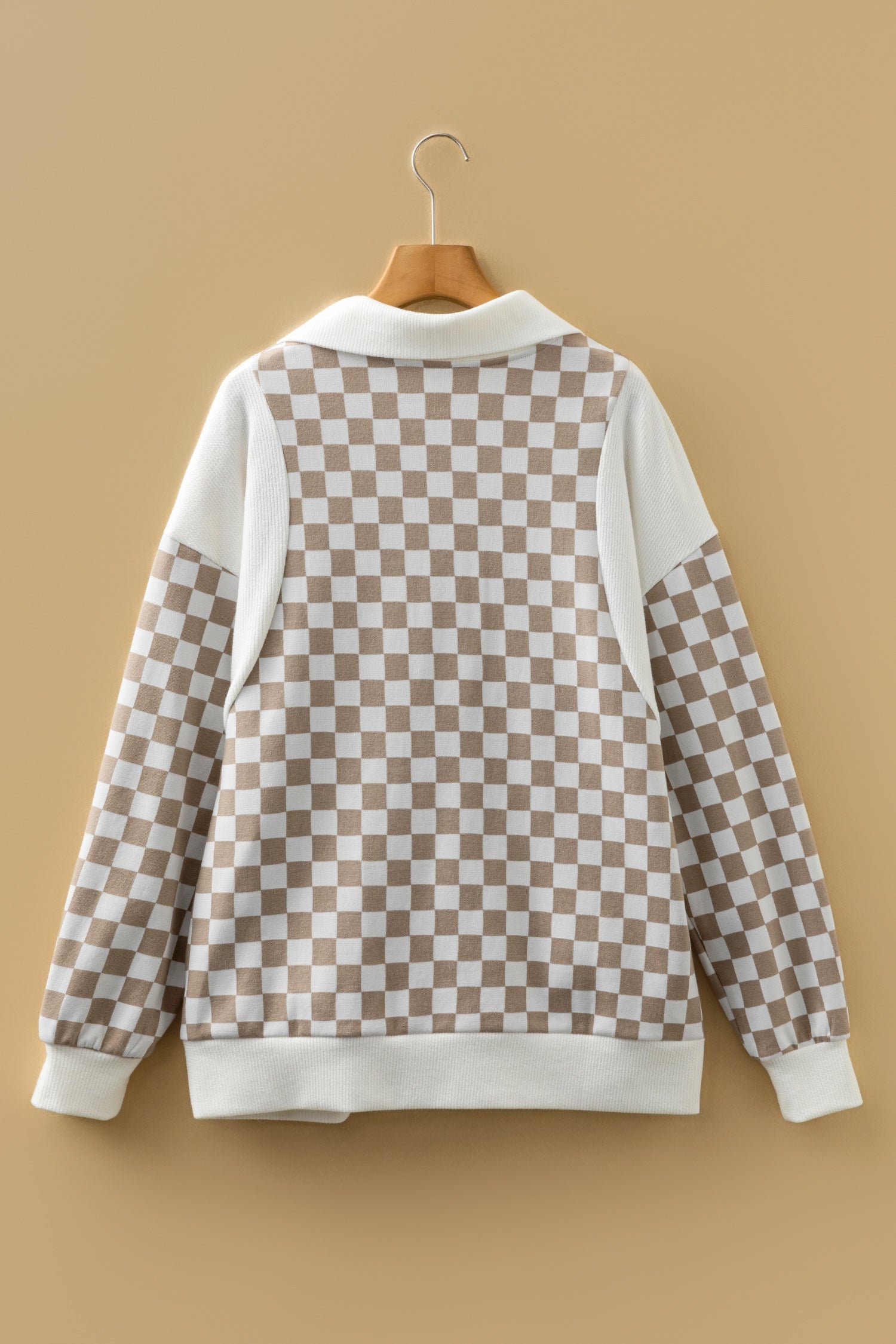 Khaki Checkered Print Quarter Zip Ribbed Patchwork Loose Sweatshirt-Tops/Sweatshirts & Hoodies-[Adult]-[Female]-2022 Online Blue Zone Planet