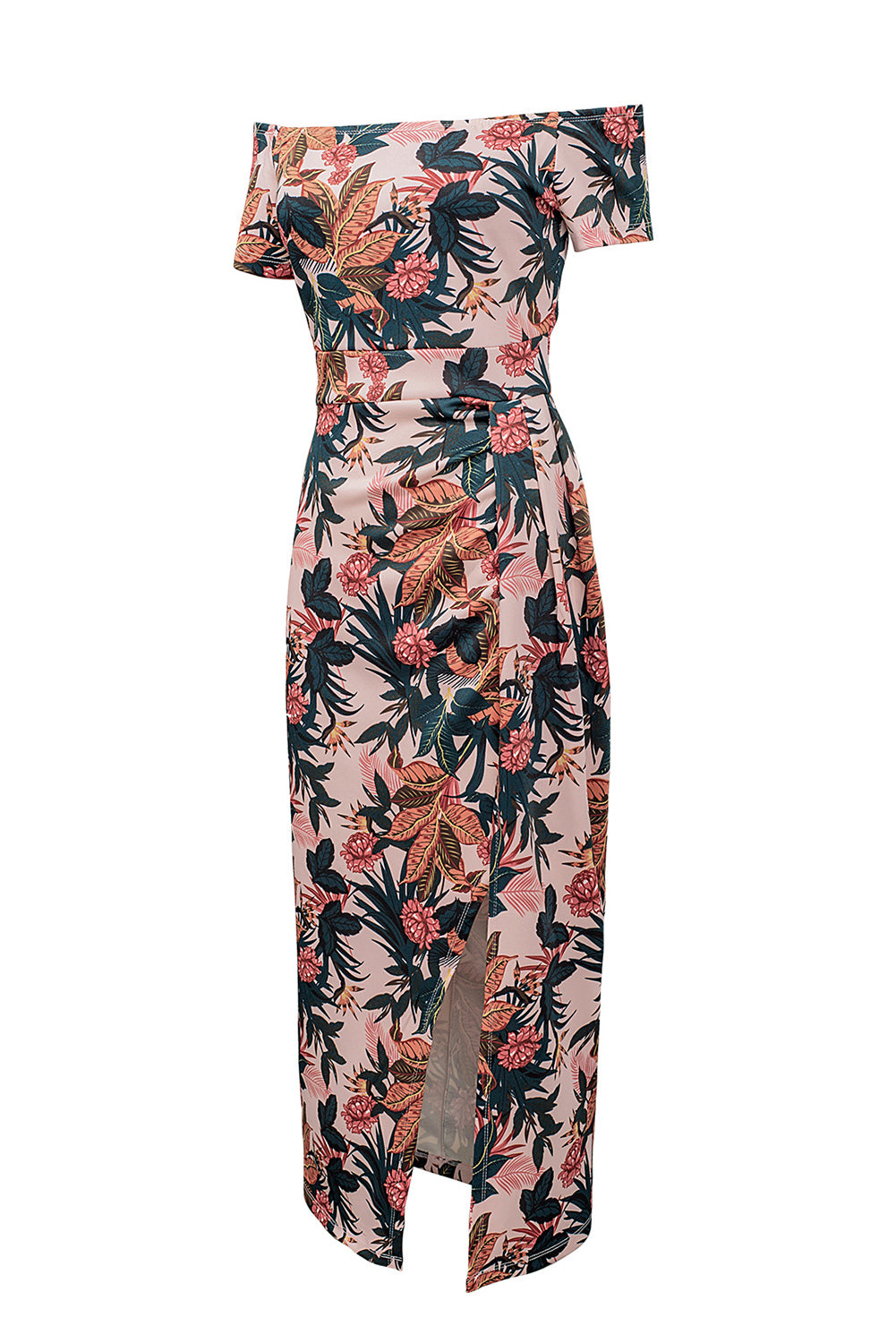 Pink Floral Print Off Shoulder Slit Bodycon Midi Dress Blue Zone Planet