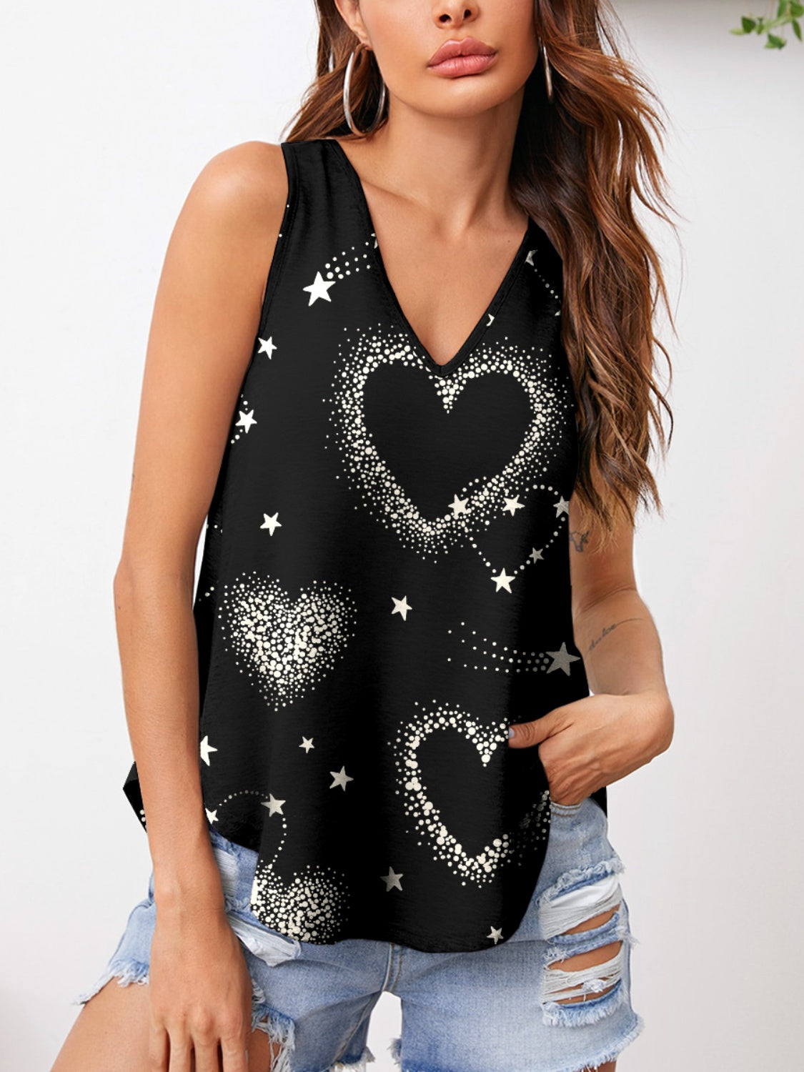 FAM-FAM Heart Printed V-Neck Tank-TOPS / DRESSES-[Adult]-[Female]-Black-S-2022 Online Blue Zone Planet