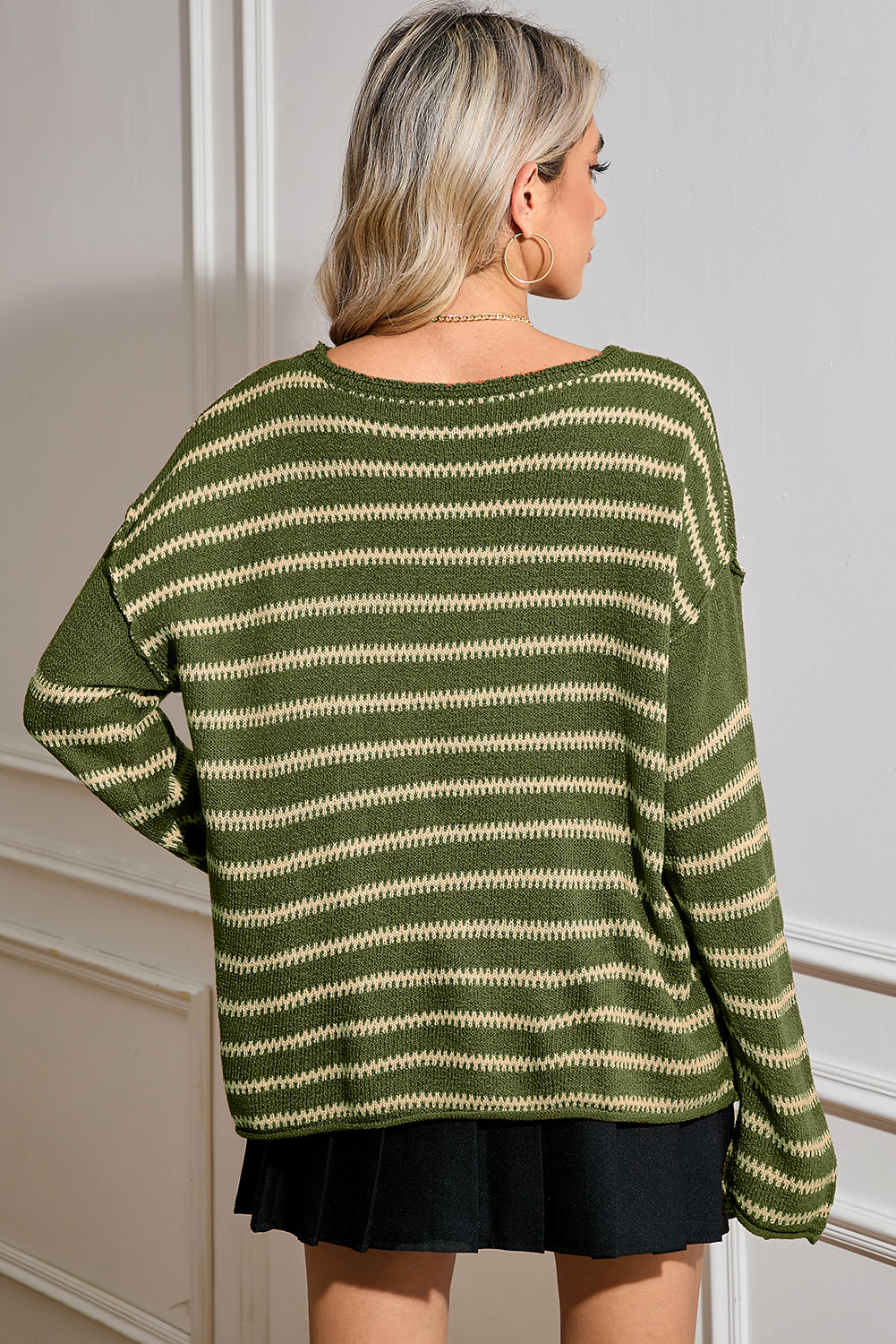 Blue Zone Planet | Green Stripe Casual Stripe Round Neck Drop Shoulder Sweater-Sweaters-[Adult]-[Female]-2022 Online Blue Zone Planet