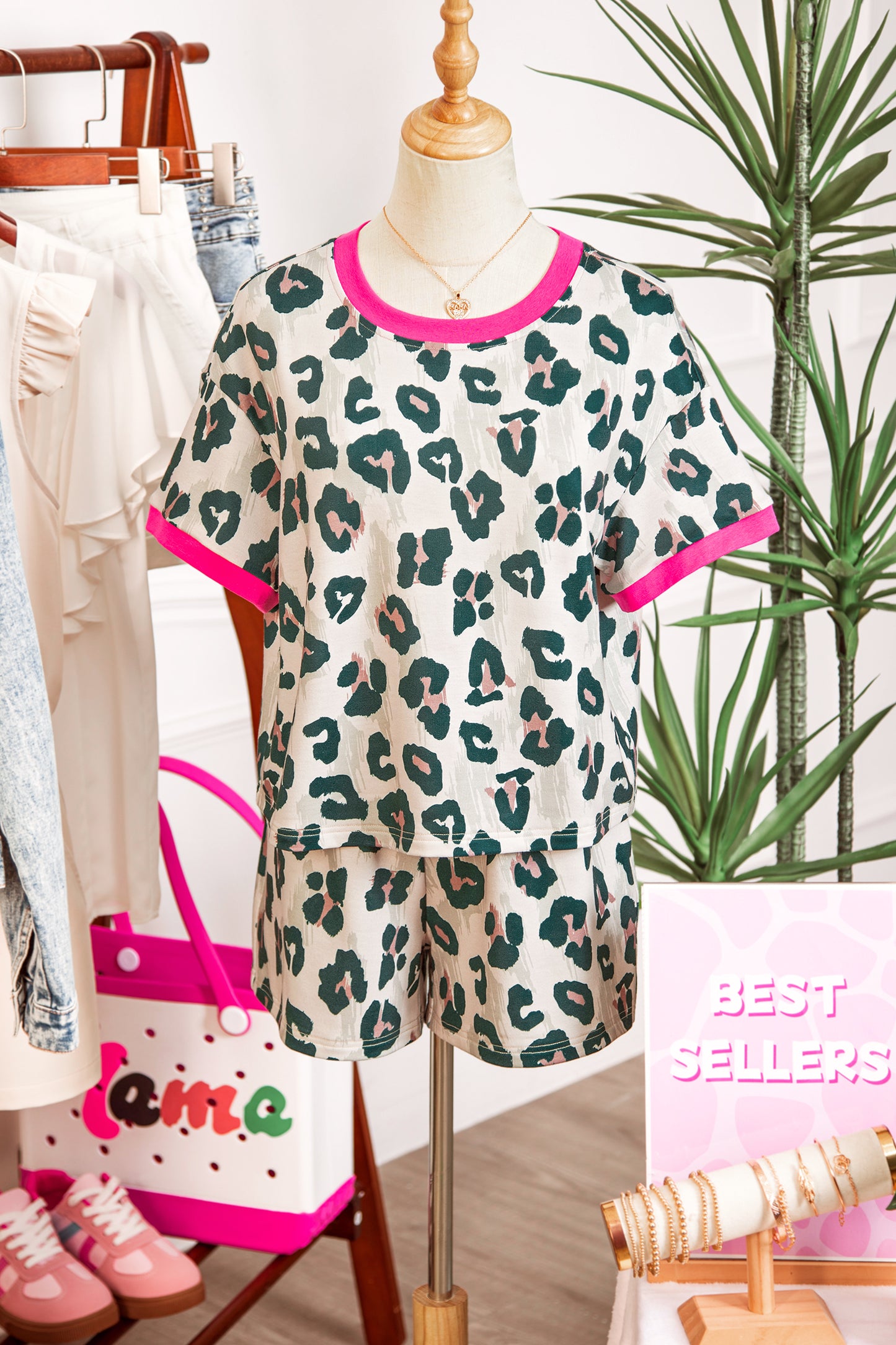Brown Unique Leopard Print Contrast Trim Top Loose 2pcs Short Set-Two Piece Sets/Short Sets-[Adult]-[Female]-2022 Online Blue Zone Planet