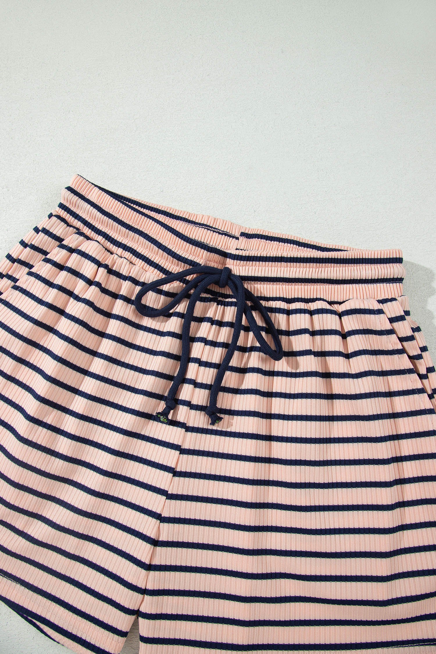 Blue Stripe Color Block Long Sleeve Pullover Ribbed Knit Casual Shorts Set-Two Piece Sets/Short Sets-[Adult]-[Female]-2022 Online Blue Zone Planet