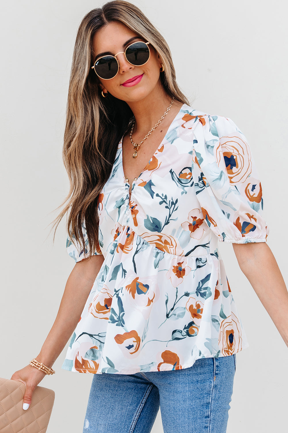 Green Floral Print Puff Sleeve V Neck Babydoll Blouse-Tops/Blouses & Shirts-[Adult]-[Female]-2022 Online Blue Zone Planet