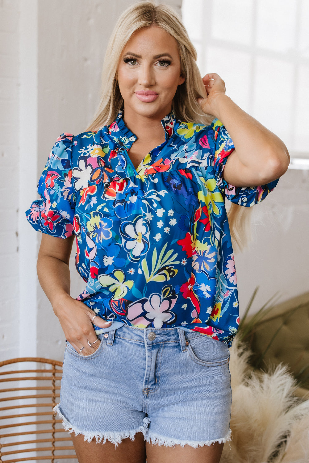 Blue Flower Print Collared V Neck Puff Short Sleeve Loose Blouse-Tops/Blouses & Shirts-[Adult]-[Female]-2022 Online Blue Zone Planet