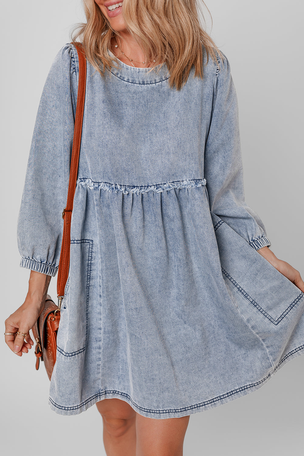urban outfitters denim dress Beau Blue Light Wash High Waist Loose Fit Denim Mini Dress Beau Blue / L / 82%Cotton+10%Polyester+8%Viscose