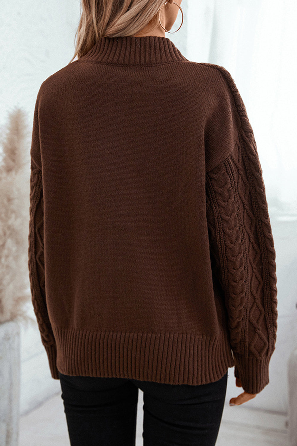 Coffee Twisted V-Neck Loose Casual Knit Sweater-Sweaters-[Adult]-[Female]-2022 Online Blue Zone Planet