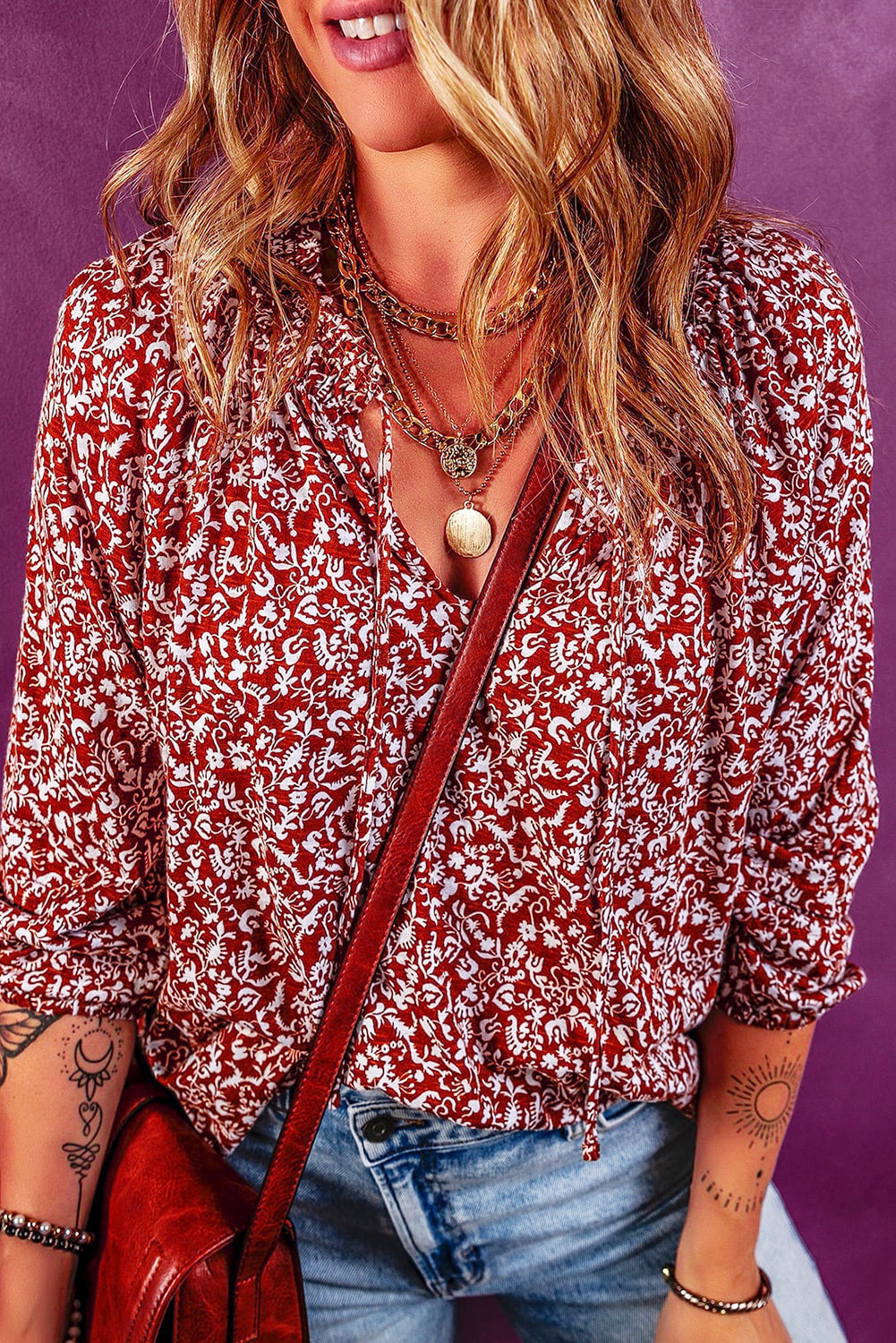 Burgundy Floral Print Smocked Tie Neck Blouse-Sale (50% OFF)/30% OFF-[Adult]-[Female]-2022 Online Blue Zone Planet