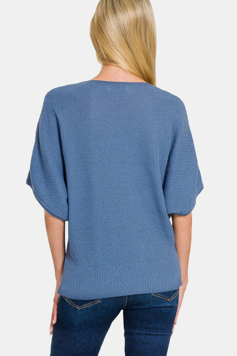 Zenana V-Neck Short Sleeve Dolman Sweater-TOPS / DRESSES-[Adult]-[Female]-2022 Online Blue Zone Planet